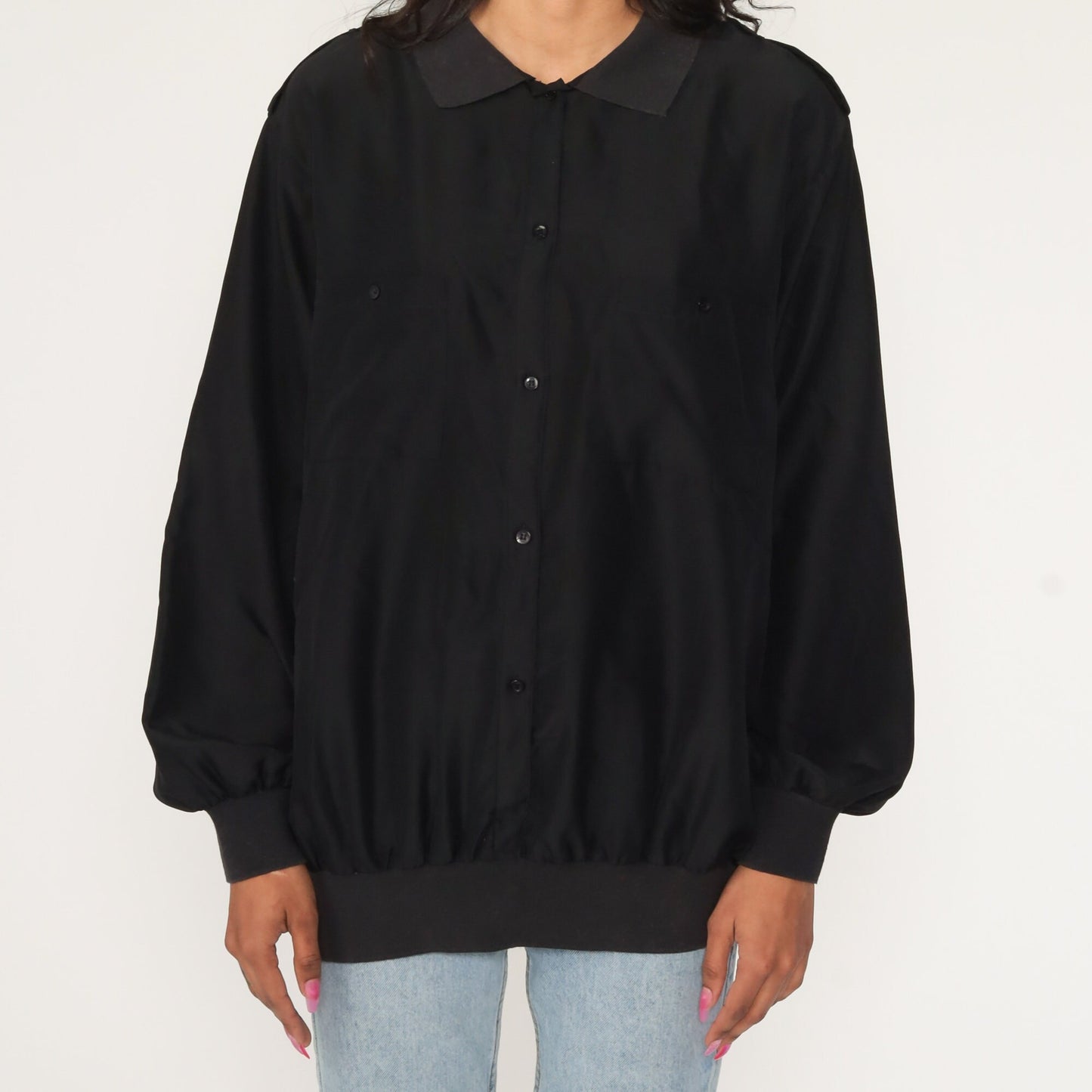 80s Diane von Furstenberg Black Button-Up Shirt Loose Fit Cotton Medium