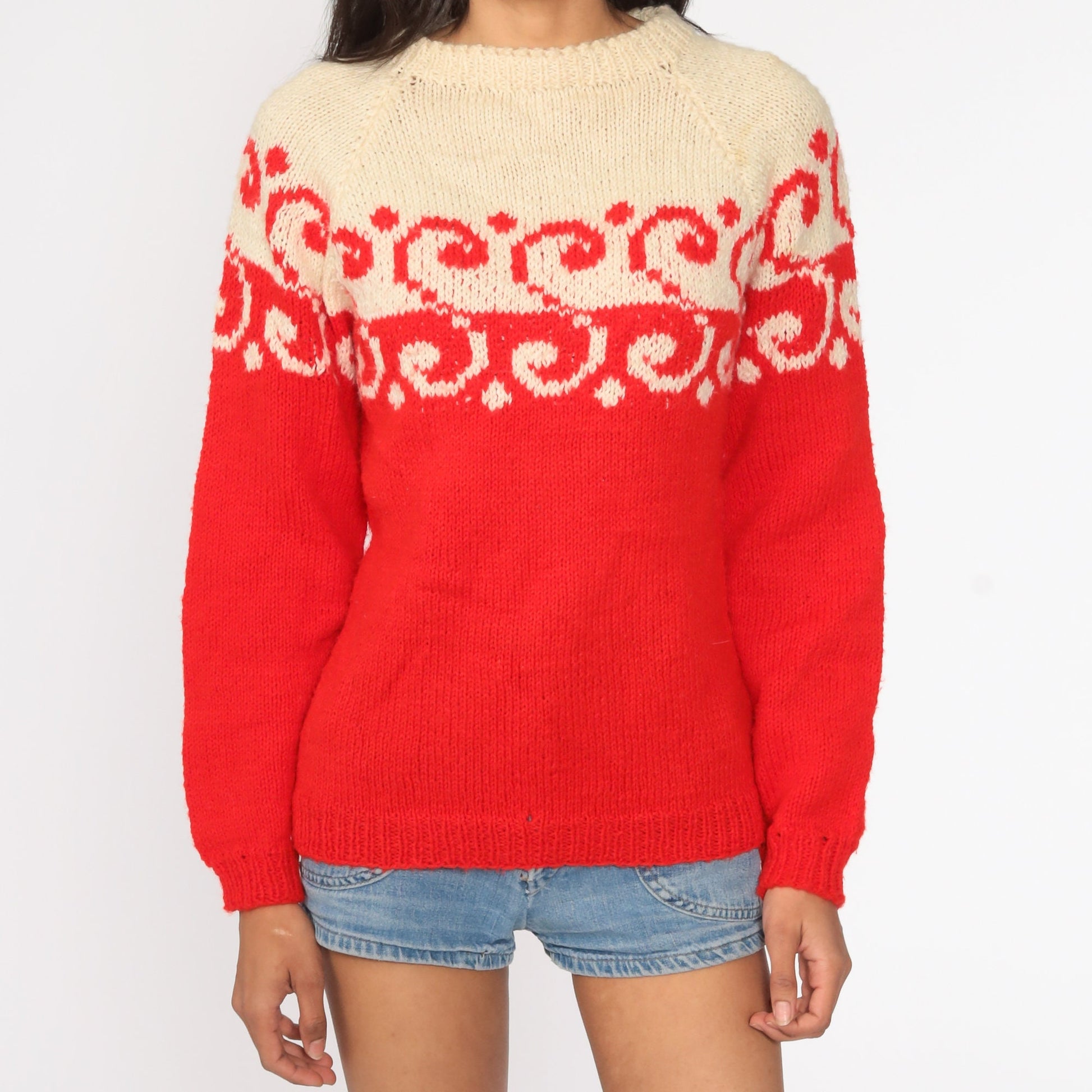 70s Ski Sweater Red Cream Letter S Raglan Pullover Small Medium