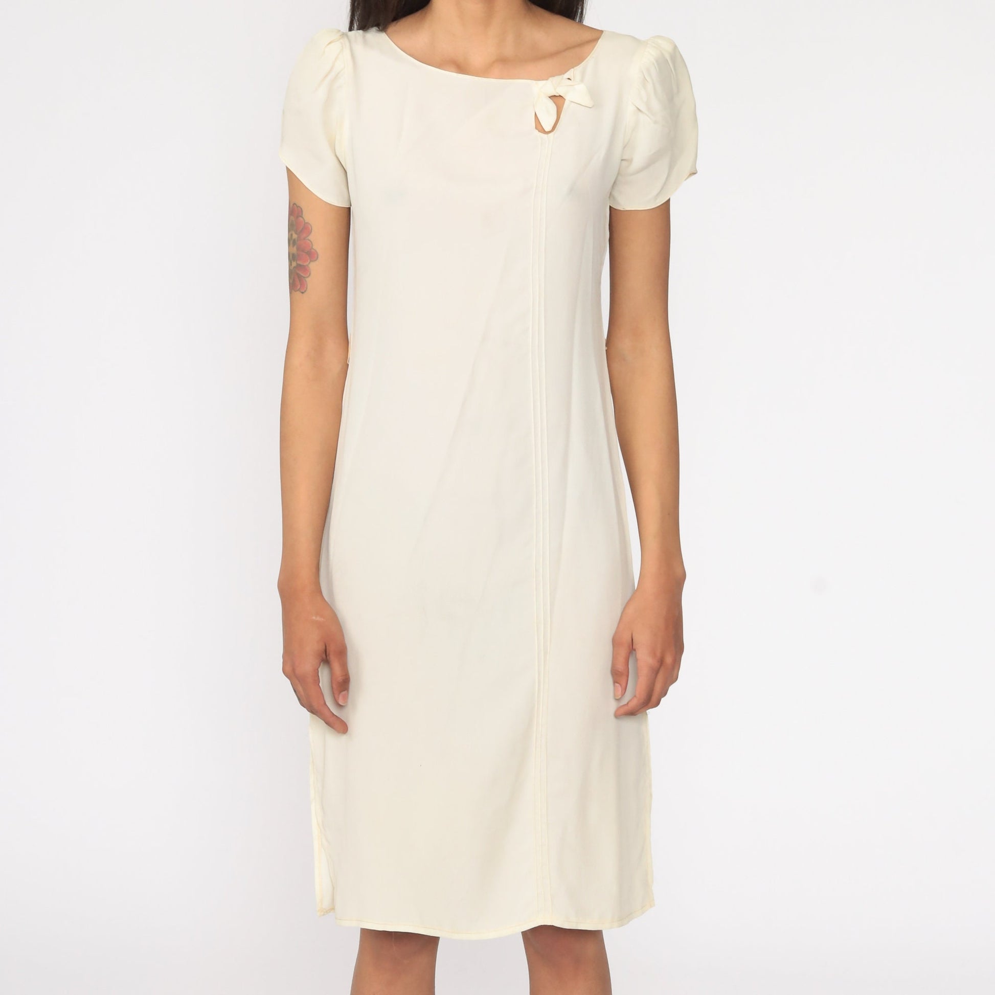 70s Cream Mini Shift Dress Puff Sleeve Cutout Bow Extra Small XS