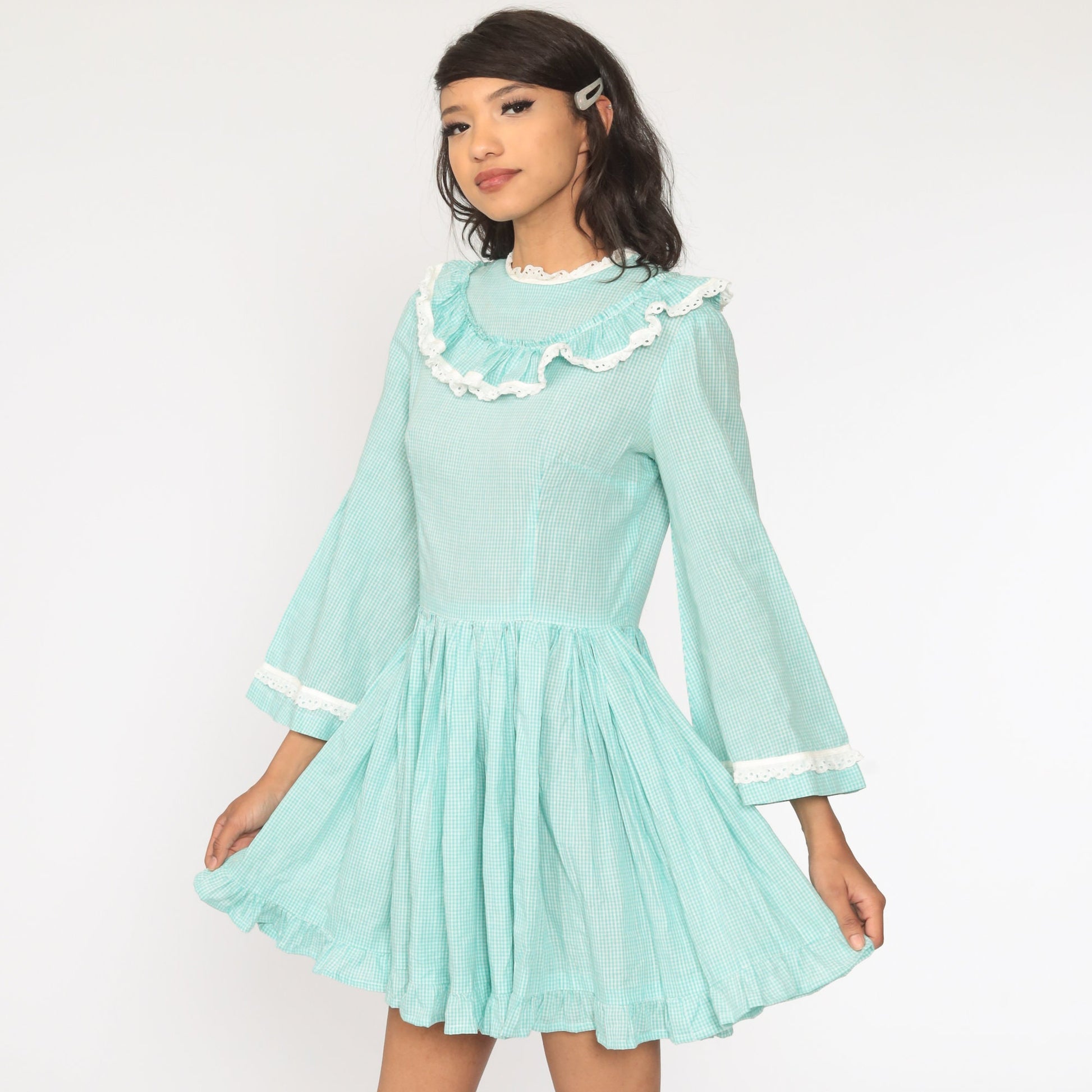 1960s Gingham Mini Dress Bell Sleeve Eyelet Lace Bluish Green Small