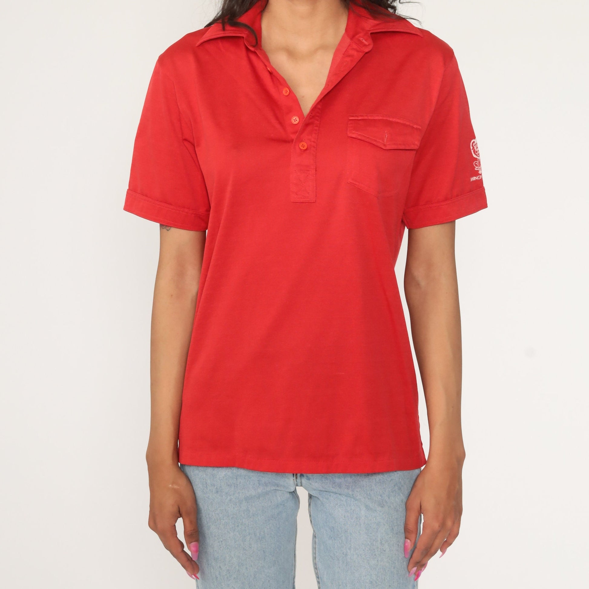70s Swingin Lions Red Polo Shirt Half-Button Collared Short Sleeve Small Medium