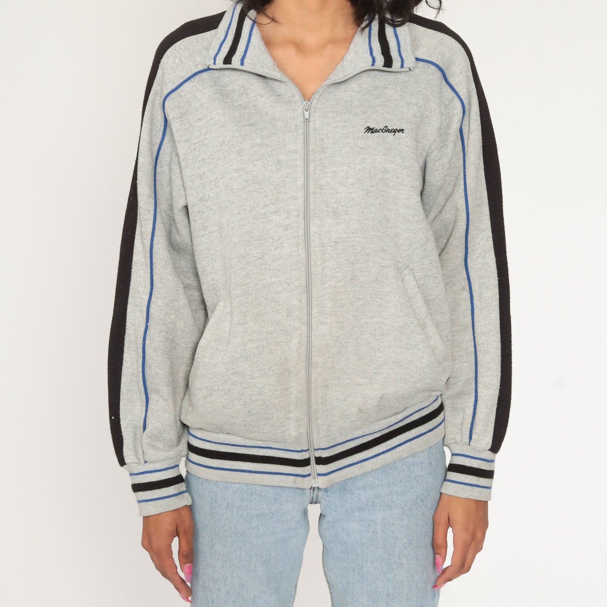 80s McGregor Track Jacket Grey Striped Zip Up Sweatshirt Medium Large
