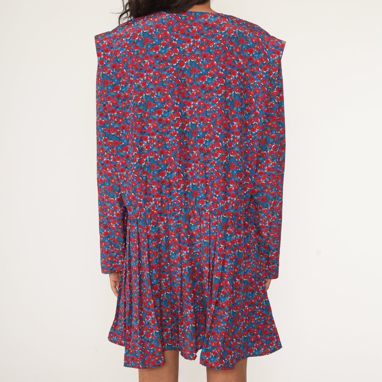Leslie Fay Floral Mini Dress 90s Red Blue Pleated Button-Up Extra Large
