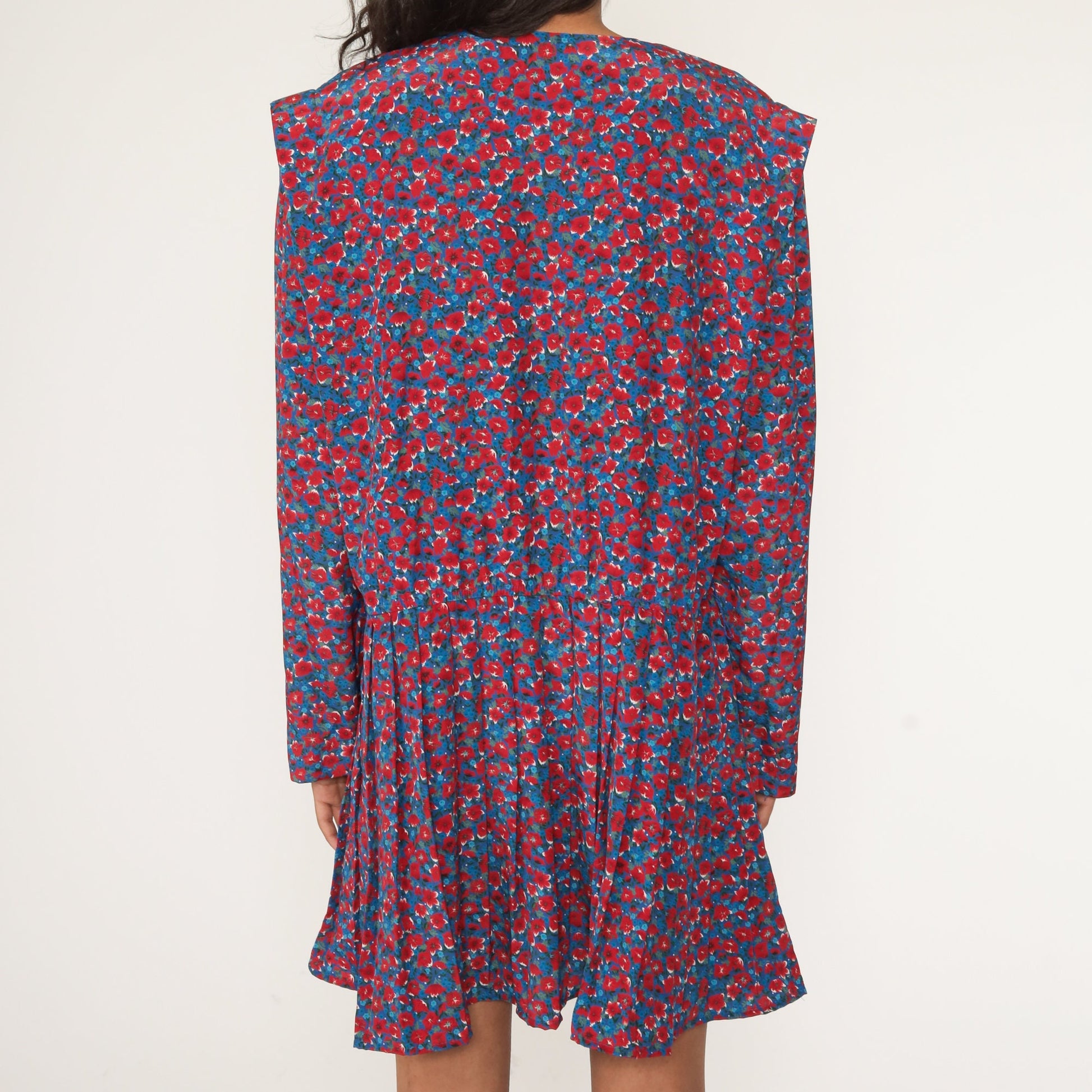 Leslie Fay Floral Mini Dress 90s Red Blue Pleated Button-Up Extra Large
