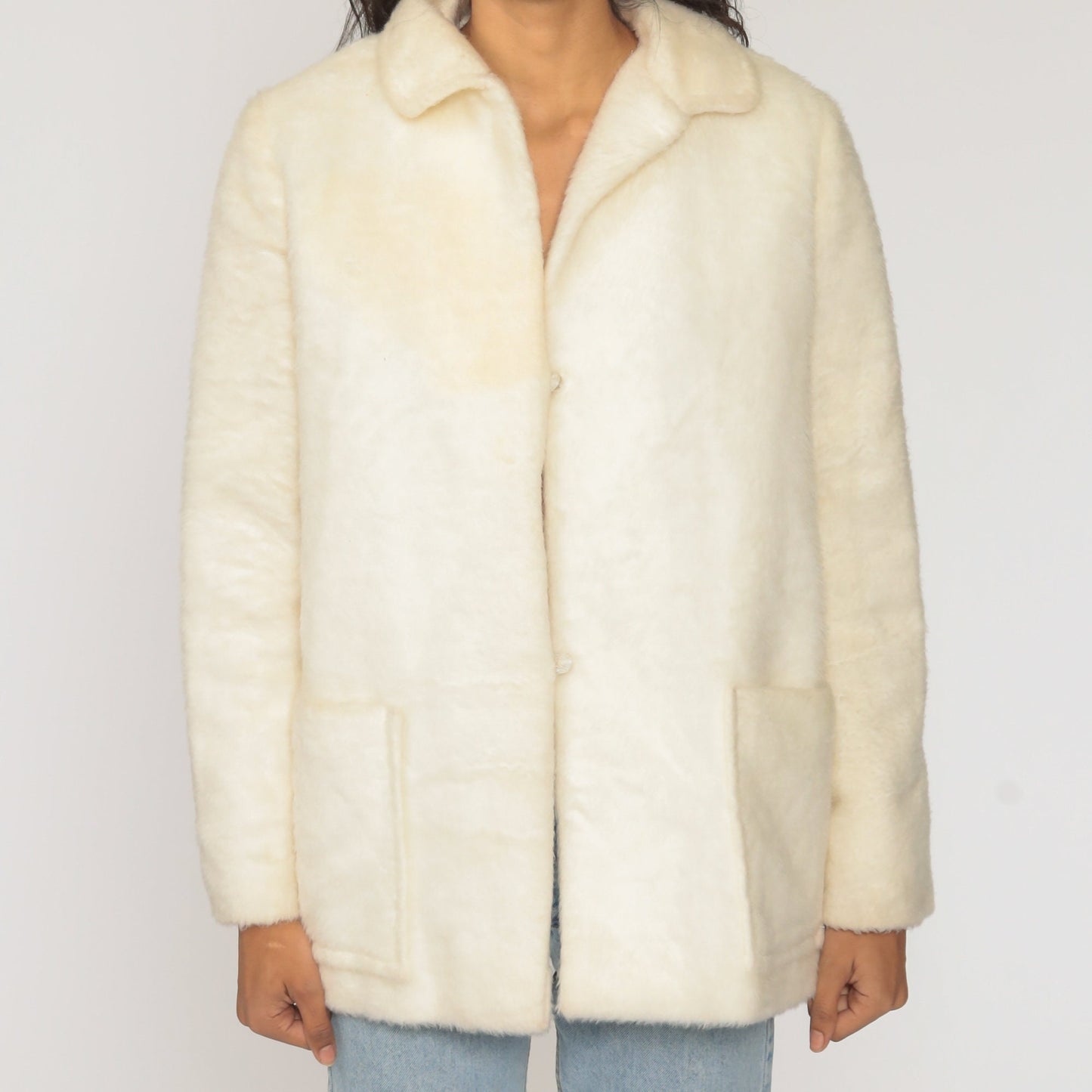 60s Off-White Faux Fur Coat Vintage Jacket Large L