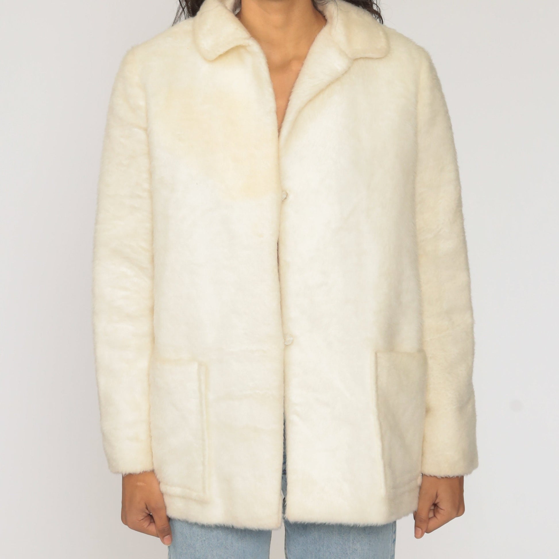 60s Off-White Faux Fur Coat Vintage Jacket Large L