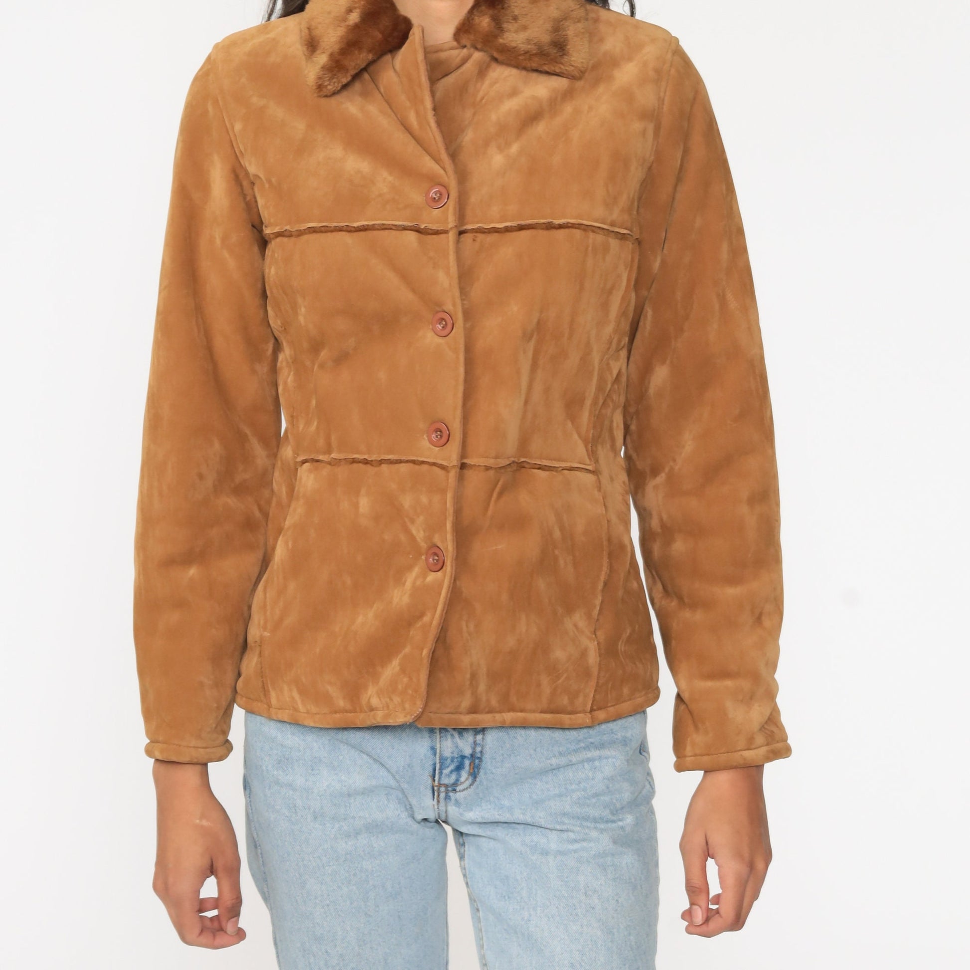 00s Brown Velour Jacket Faux Fur Trim Y2K Short Coat Medium