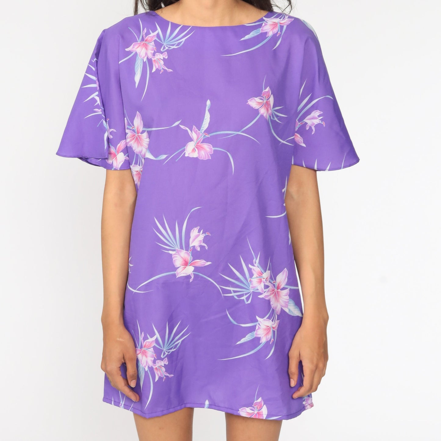 80s Floral Shift Dress Purple Tropical Flutter Sleeve Midi Medium Large