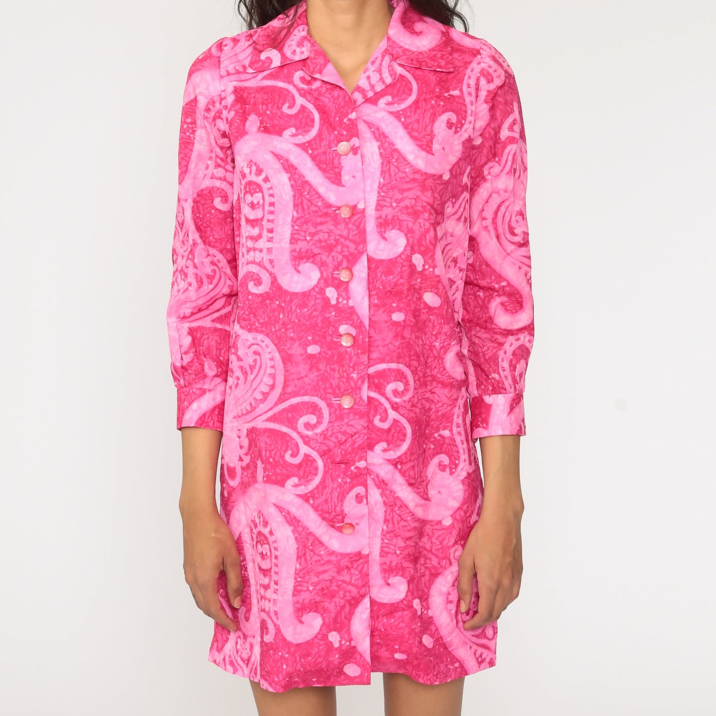 70s Pink Psychedelic Mini Shift Dress Button-Up Long Sleeve Extra Small