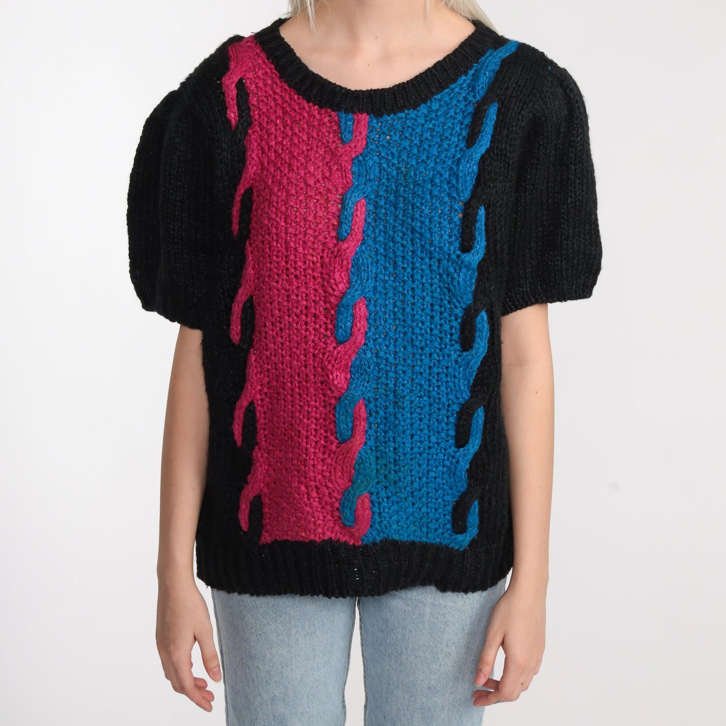 80s Color Block Cable Knit Sweater Top Black Magenta Blue Short Sleeve Large