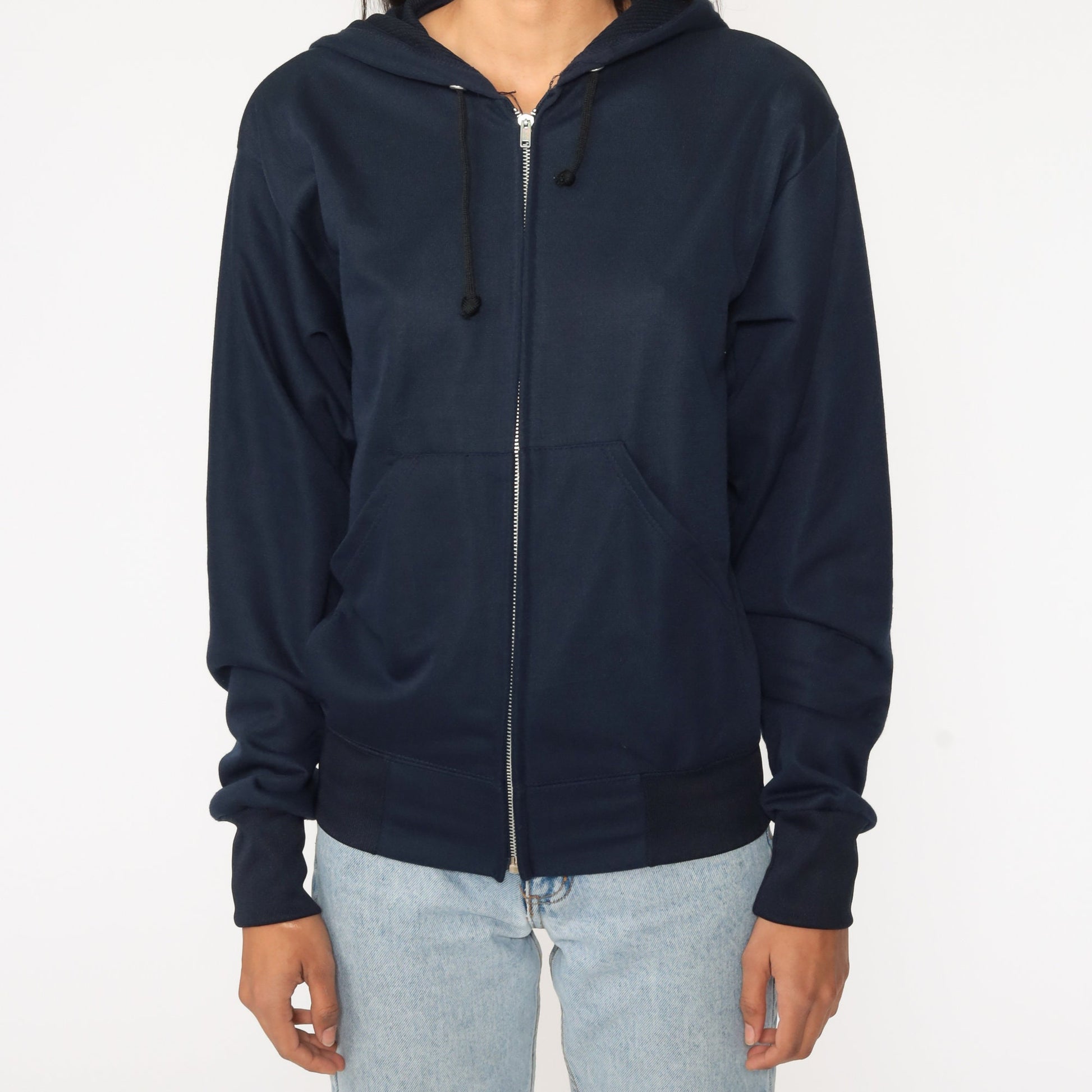 80s Blue Zip-Up Hoodie Sweatshirt Navy Pockets Medium