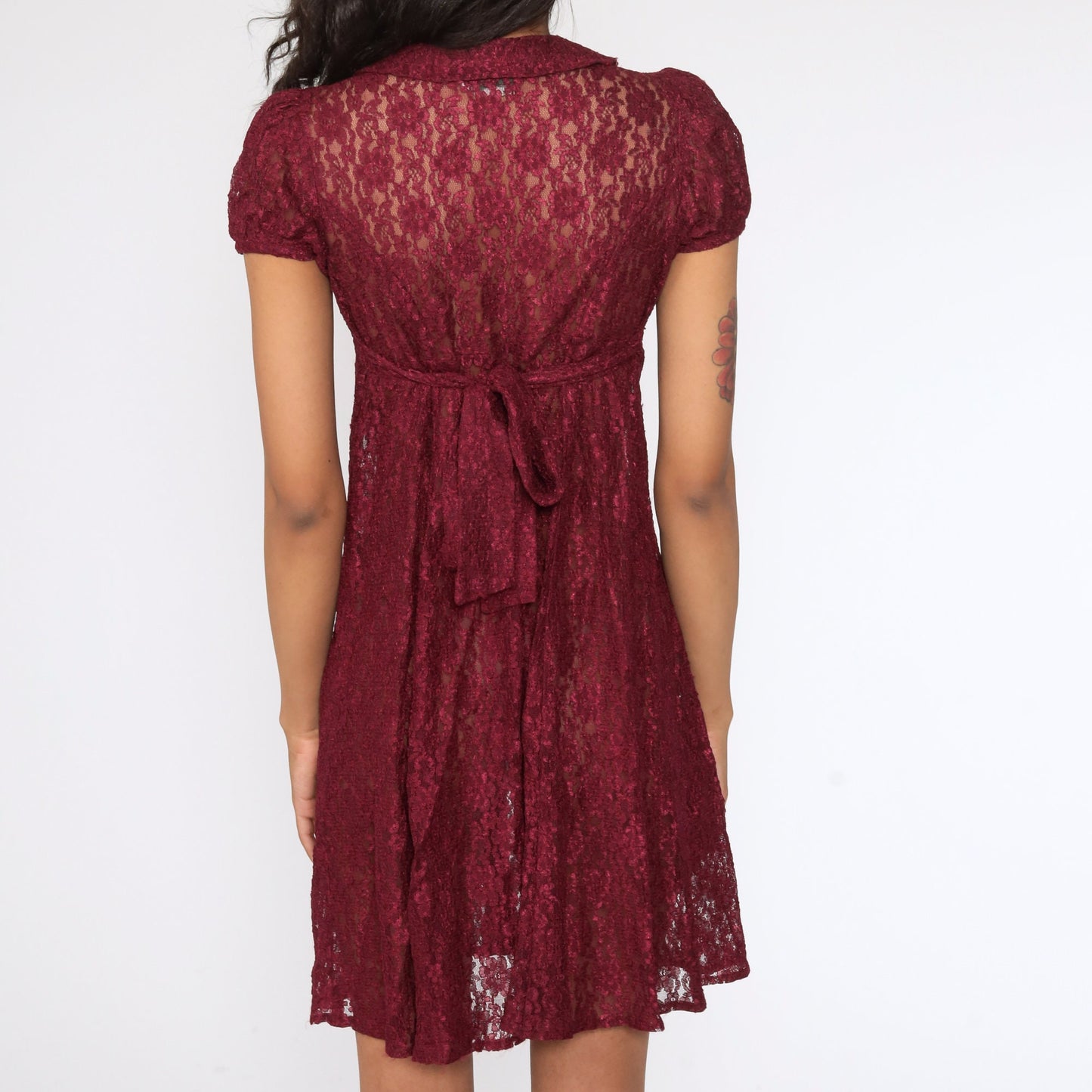 90s Burgundy Lace Mini Dress Peter Pan Collar Puff Sleeve Extra Small