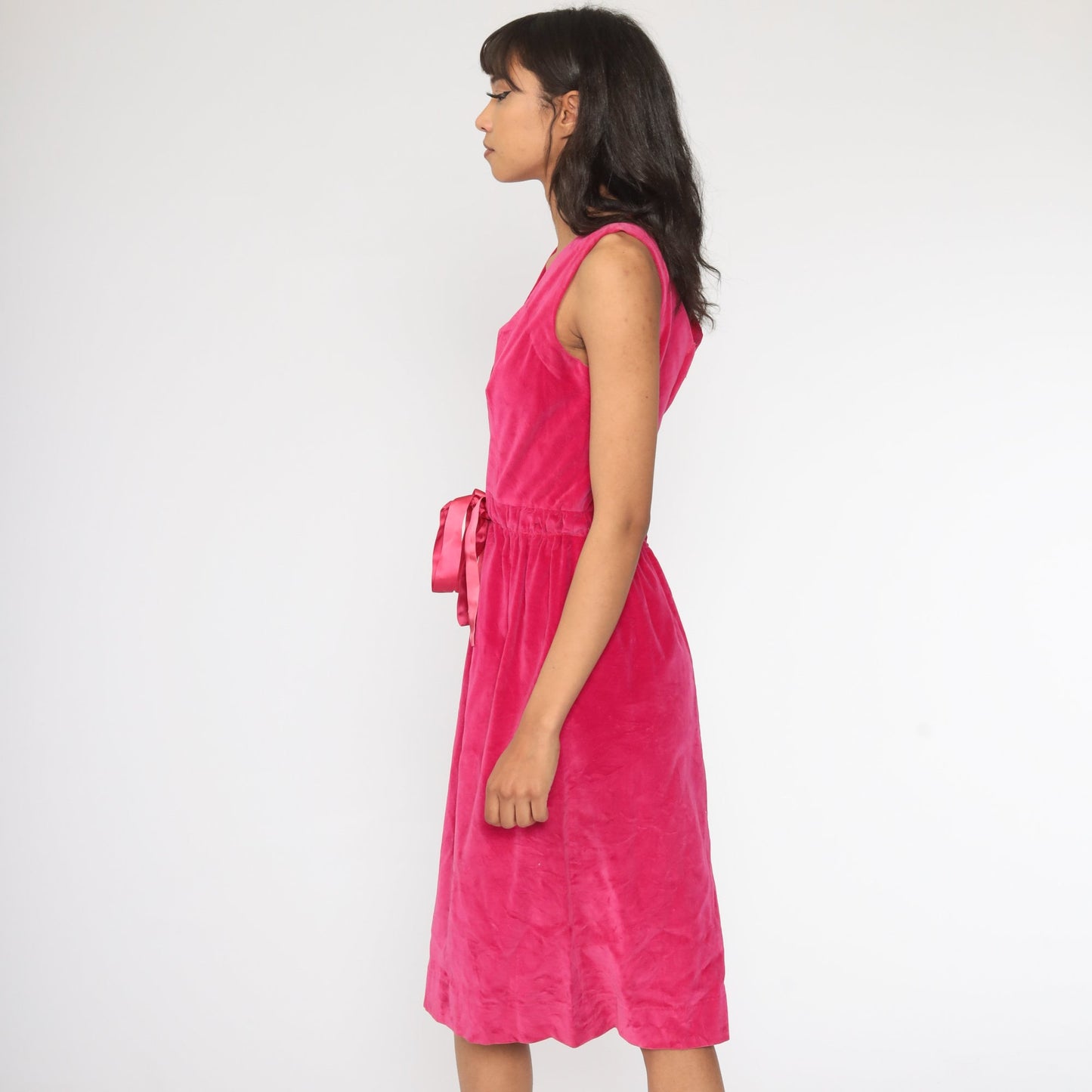 60s Pink Velvet Midi Dress Sheath V-Neck Small
