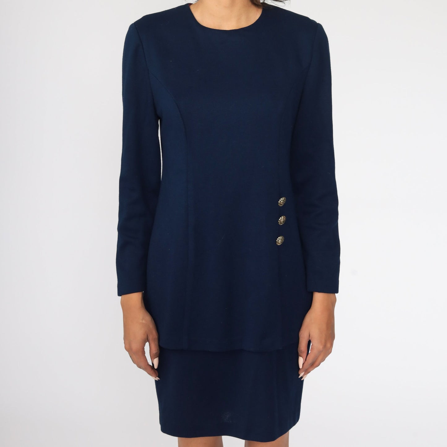 80s Navy Blue Sheath Dress Long Sleeve Wiggle Pencil Mini Small