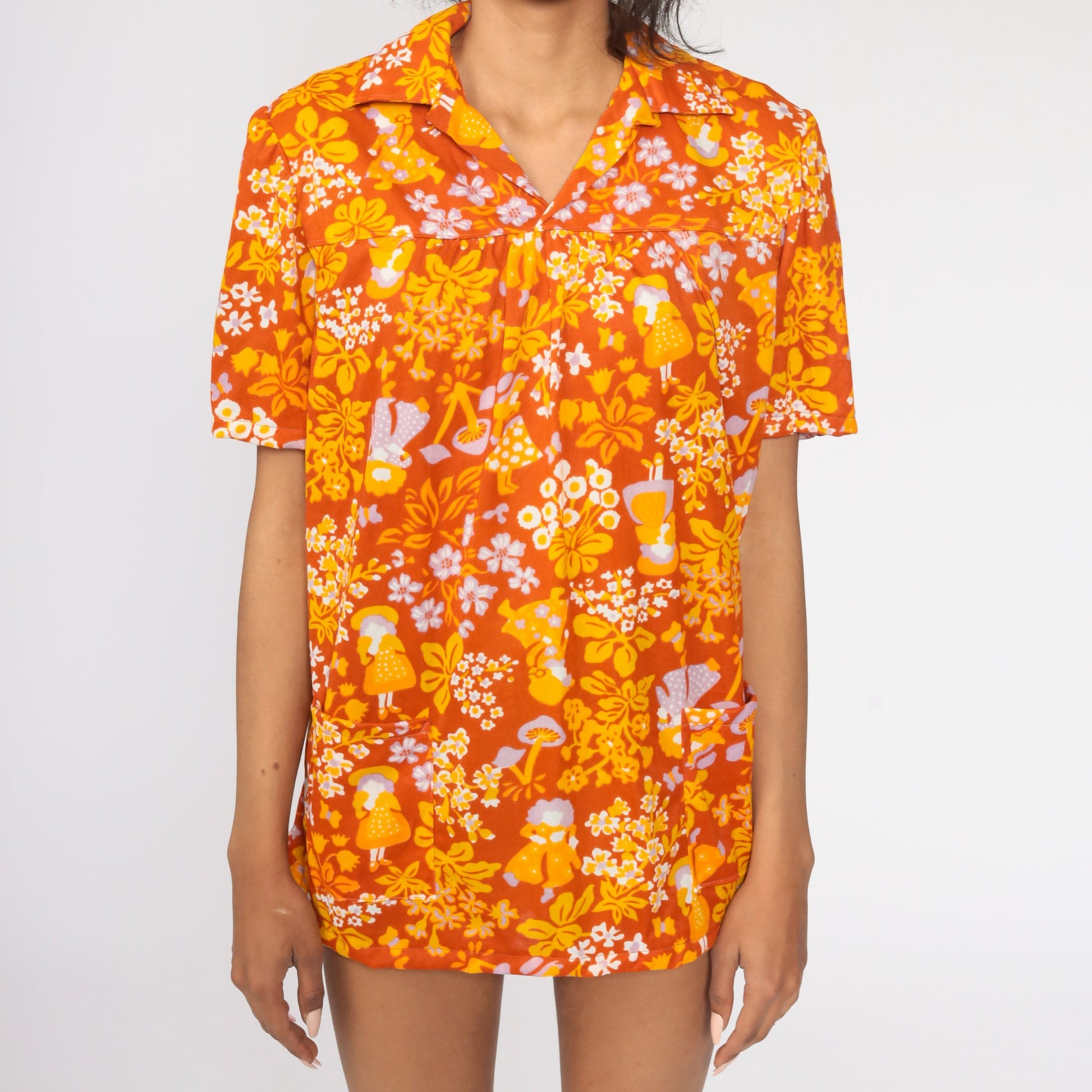 70s Mushroom Print Tunic Blouse Burnt Orange Short Sleeve Medium