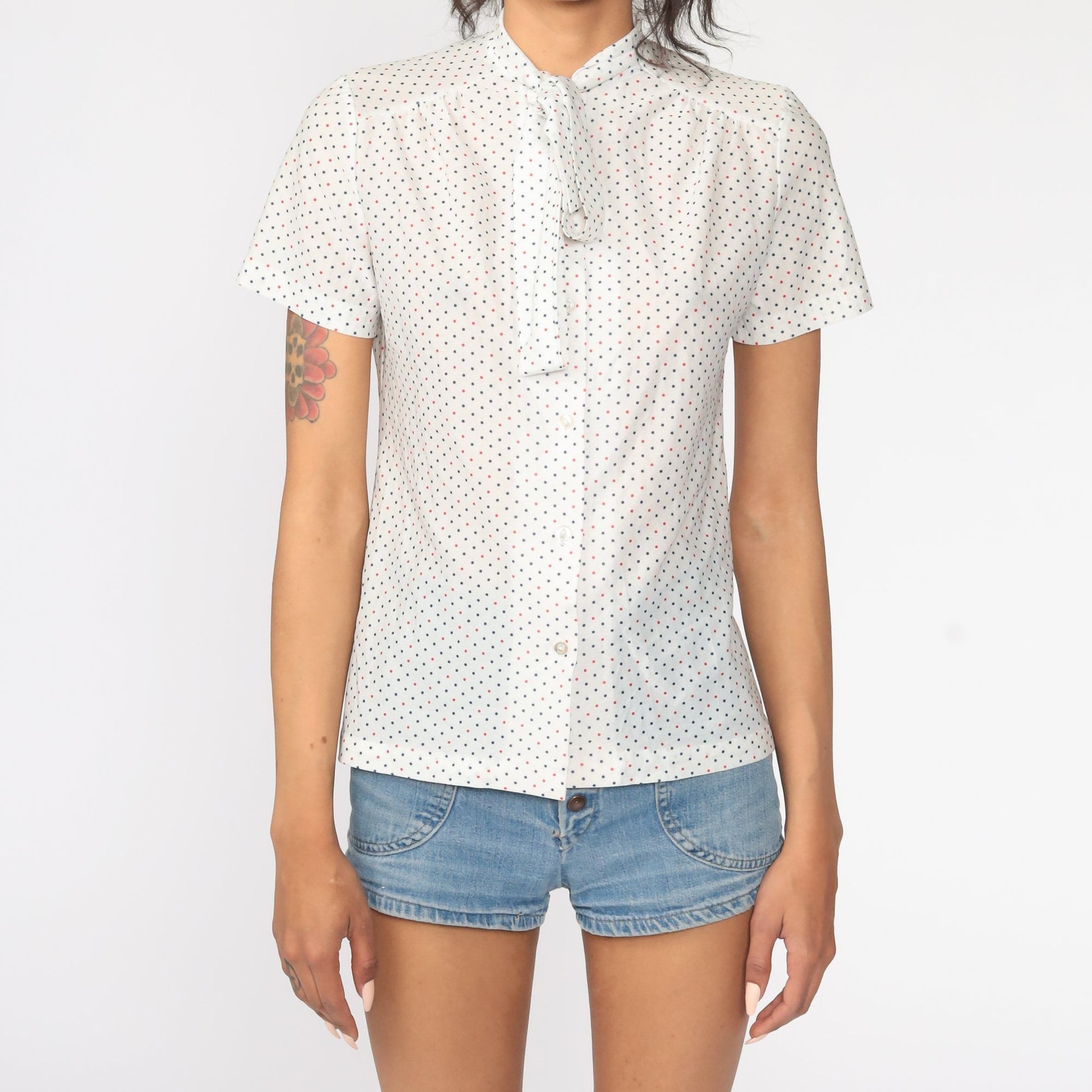 70s Ascot Blouse White Polka Dot Button Up Cap Sleeve Small S