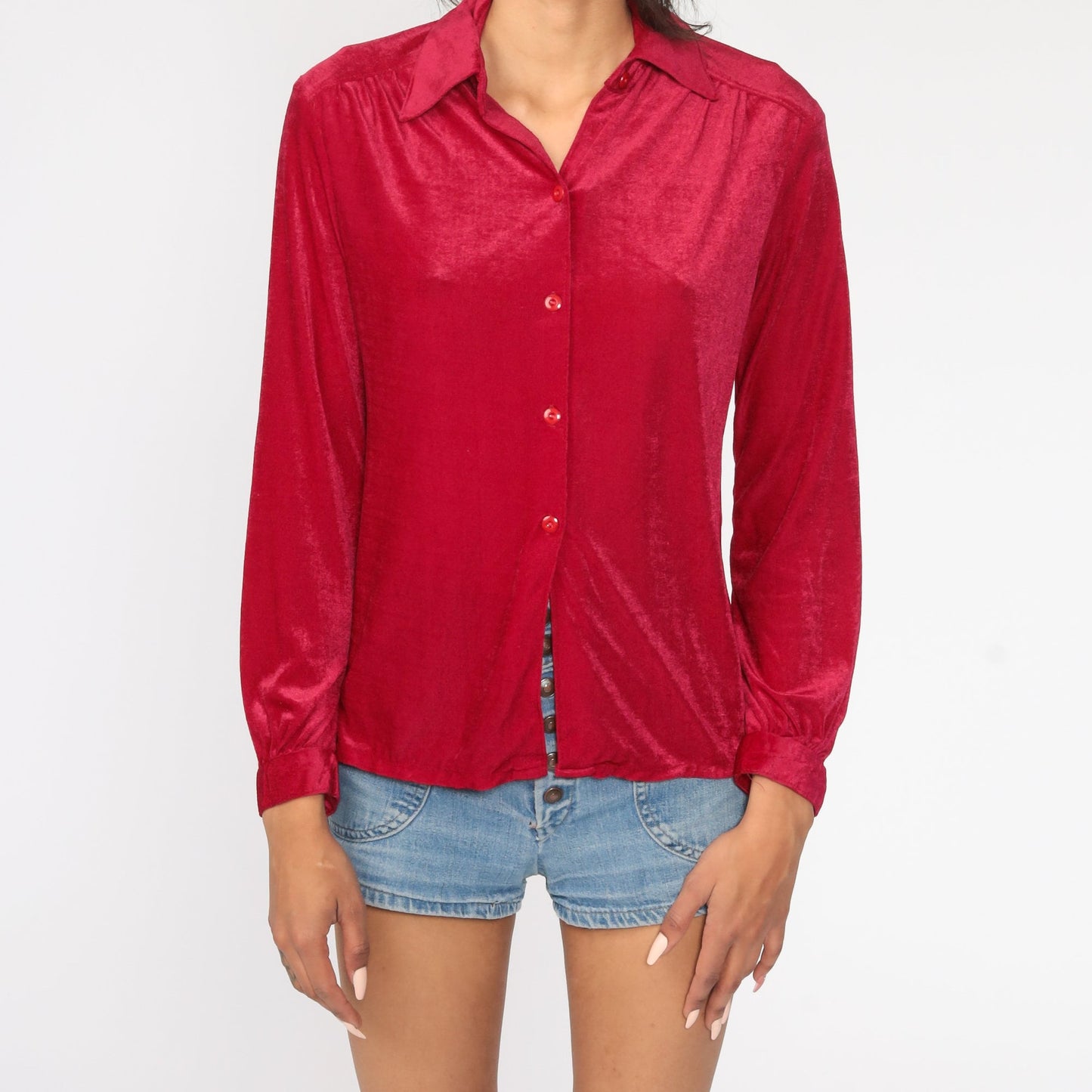 70s Velour Button-Up Shirt Raspberry Long Sleeve Small Medium