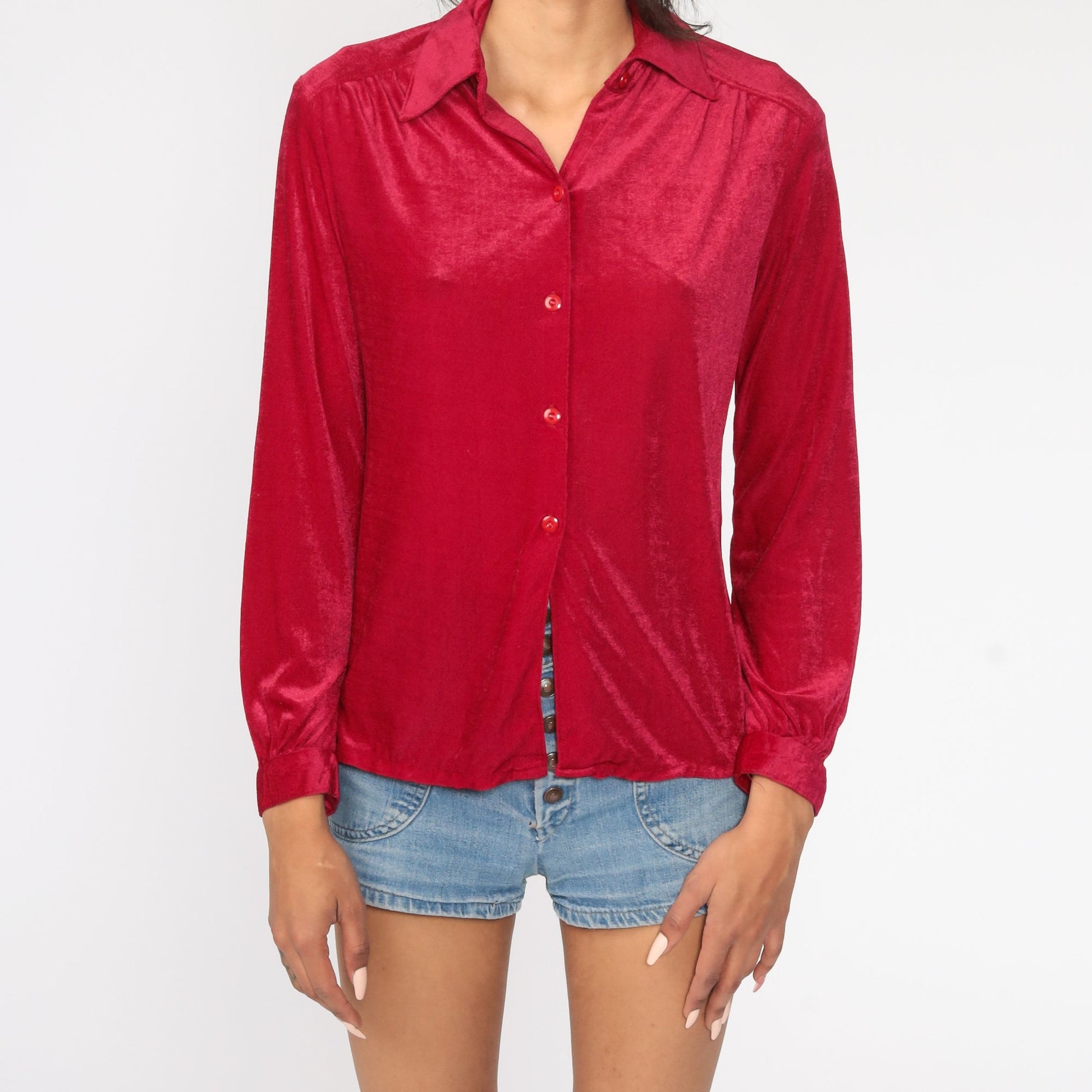 70s Velour Button-Up Shirt Raspberry Long Sleeve Small Medium