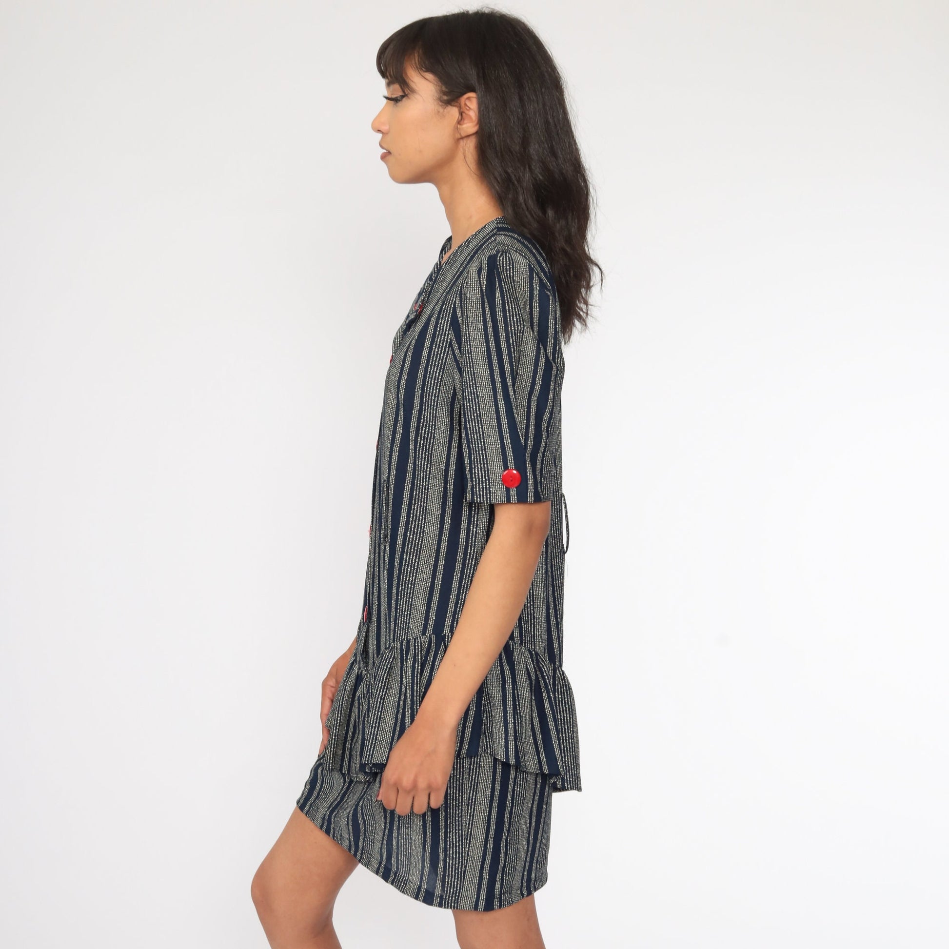 80s Navy Blue Mini Dress Puff Sleeve Drop Waist Button Front Medium