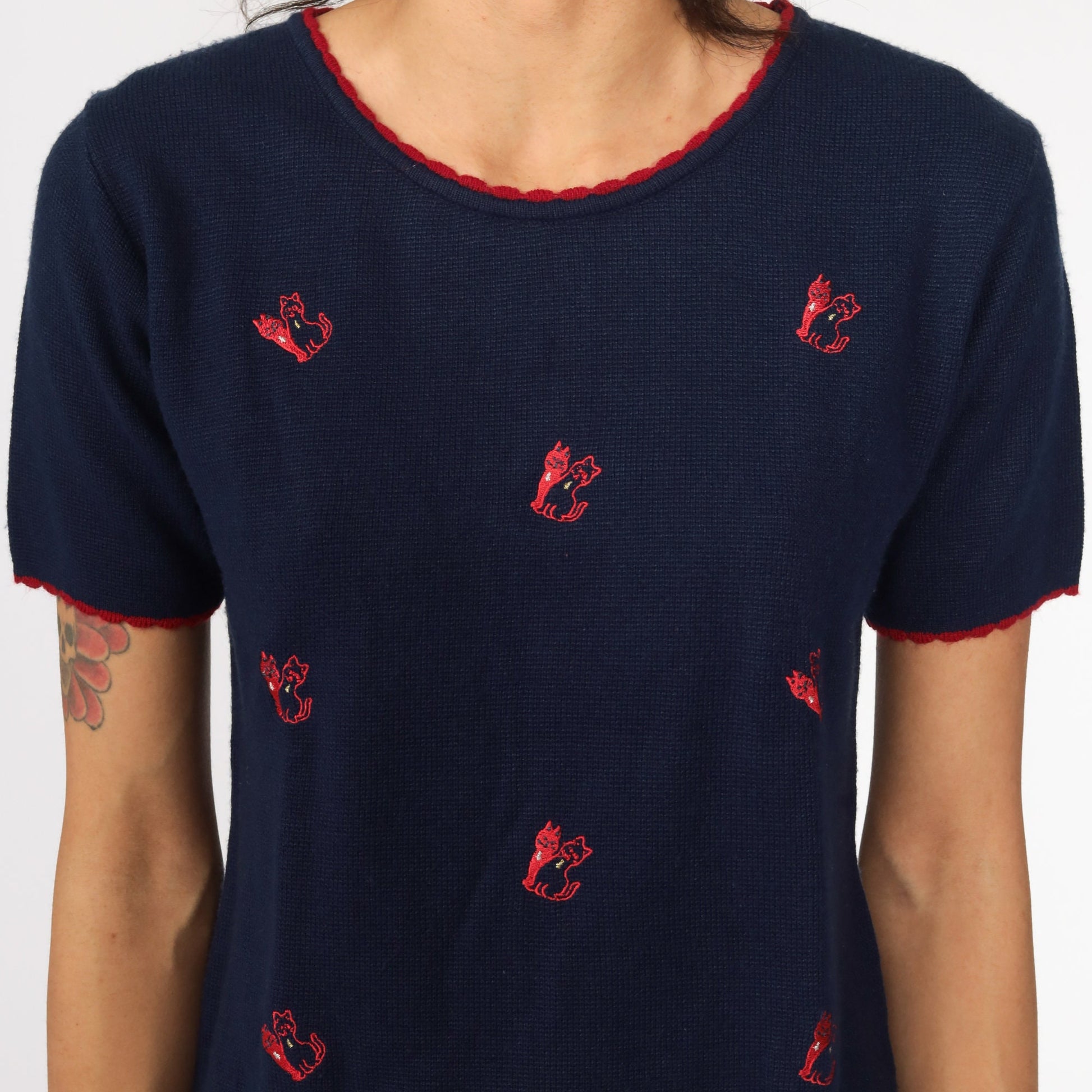 80s Navy Embroidered Cat Knit Top Short Sleeve Medium