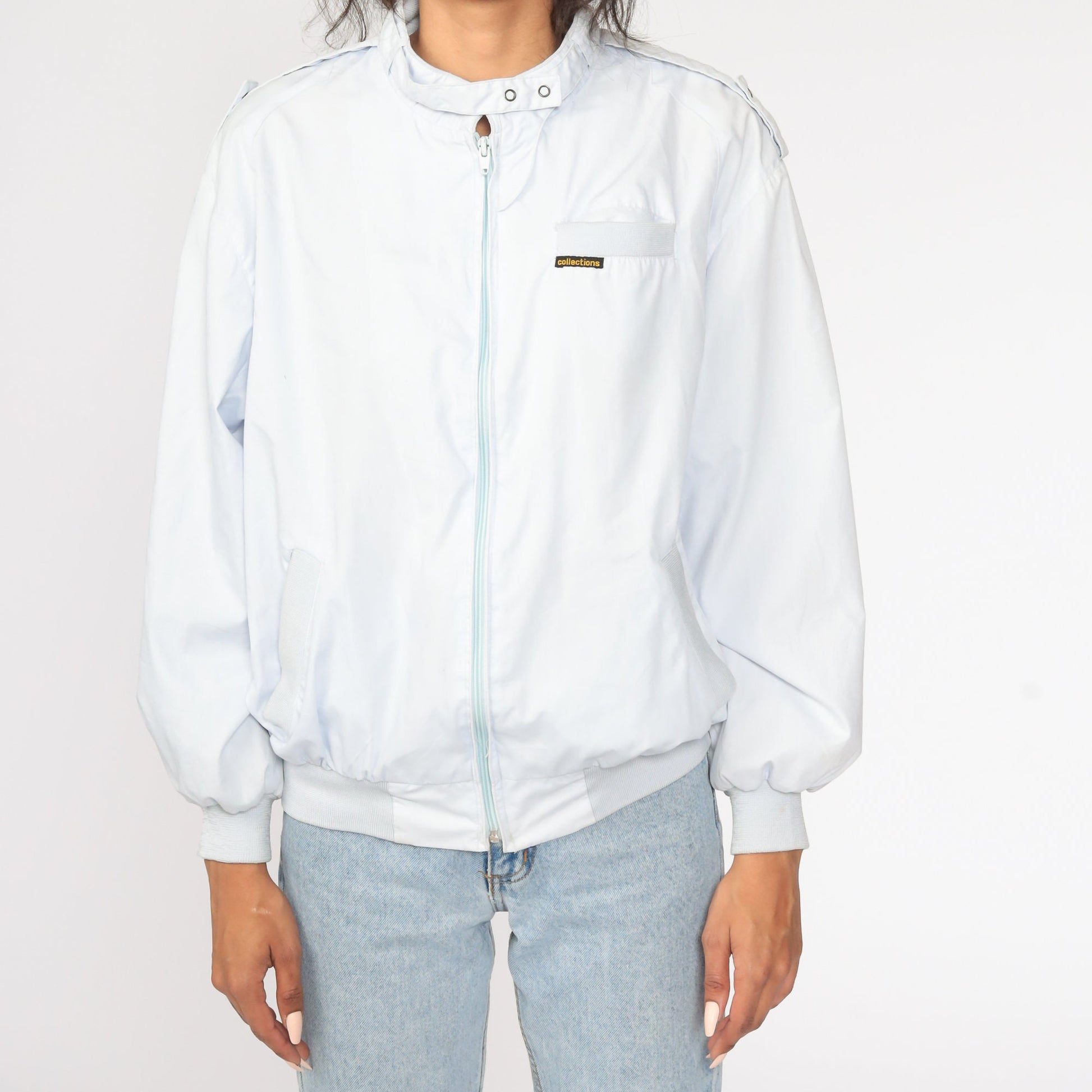 80s Grey Bomber Jacket Cafe Racer Windbreaker Blue Zipper Large