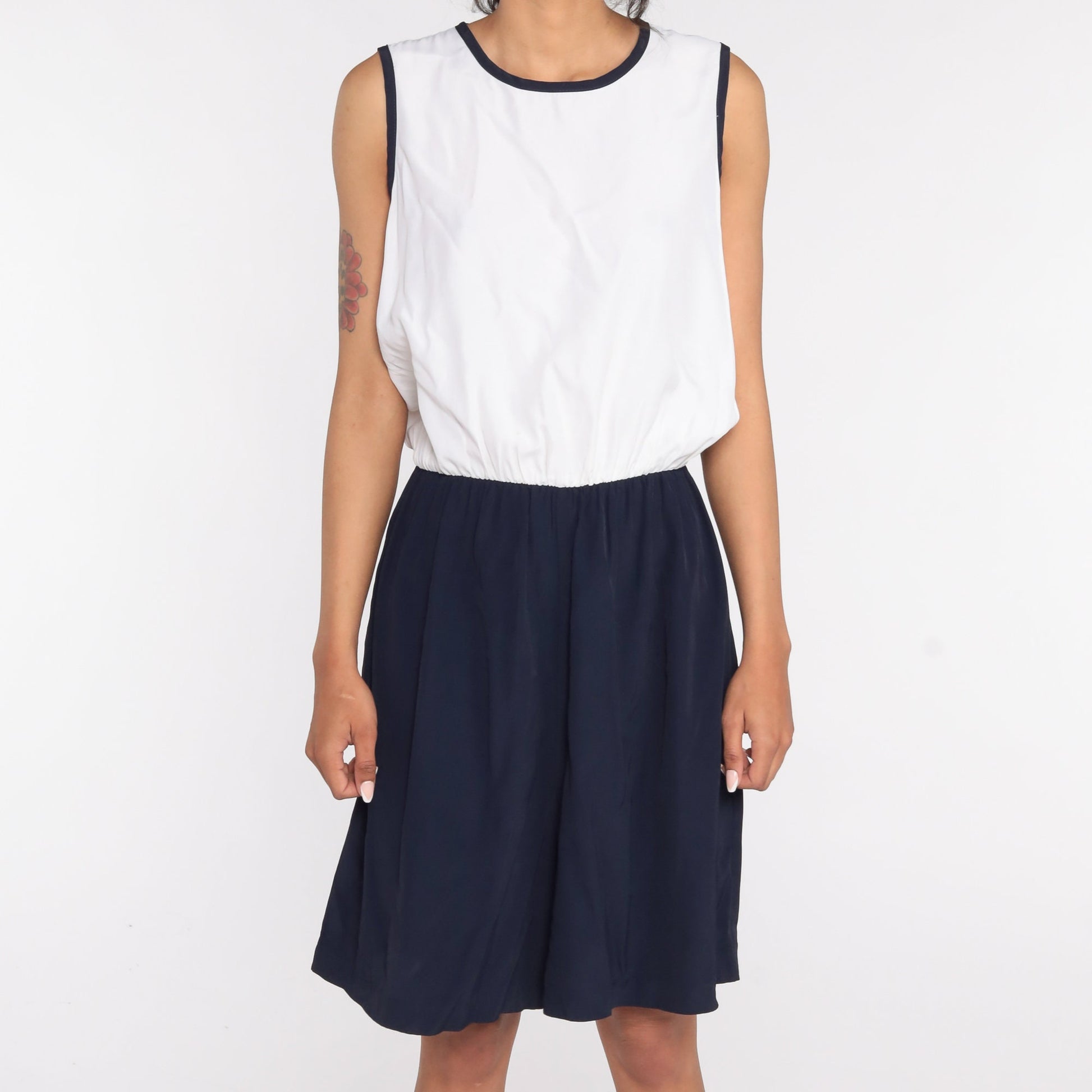 80s Navy White Sleeveless Romper Playsuit Shorts Jumpsuit Medium
