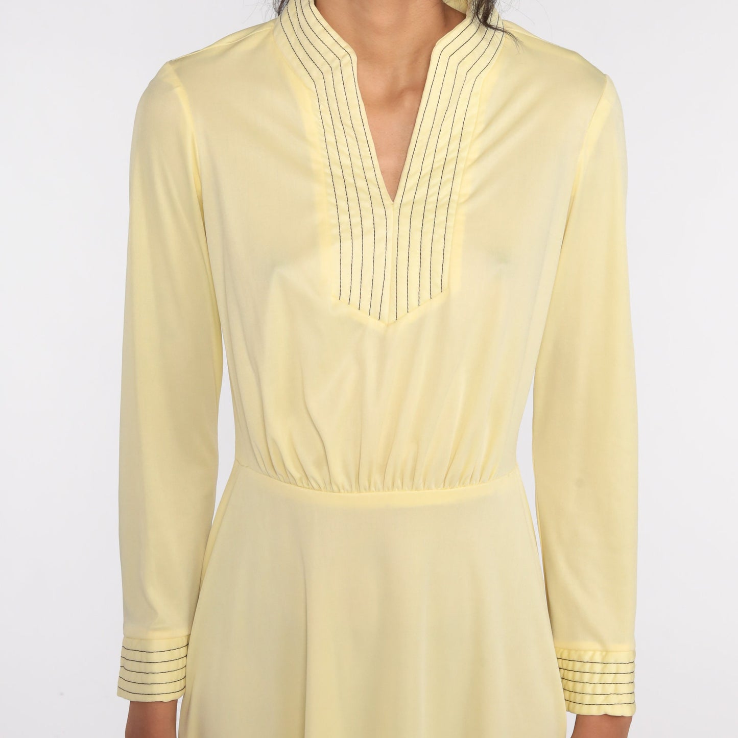 70s Pale Yellow Mini Dress High Waist Long Sleeve Polyester Small Medium