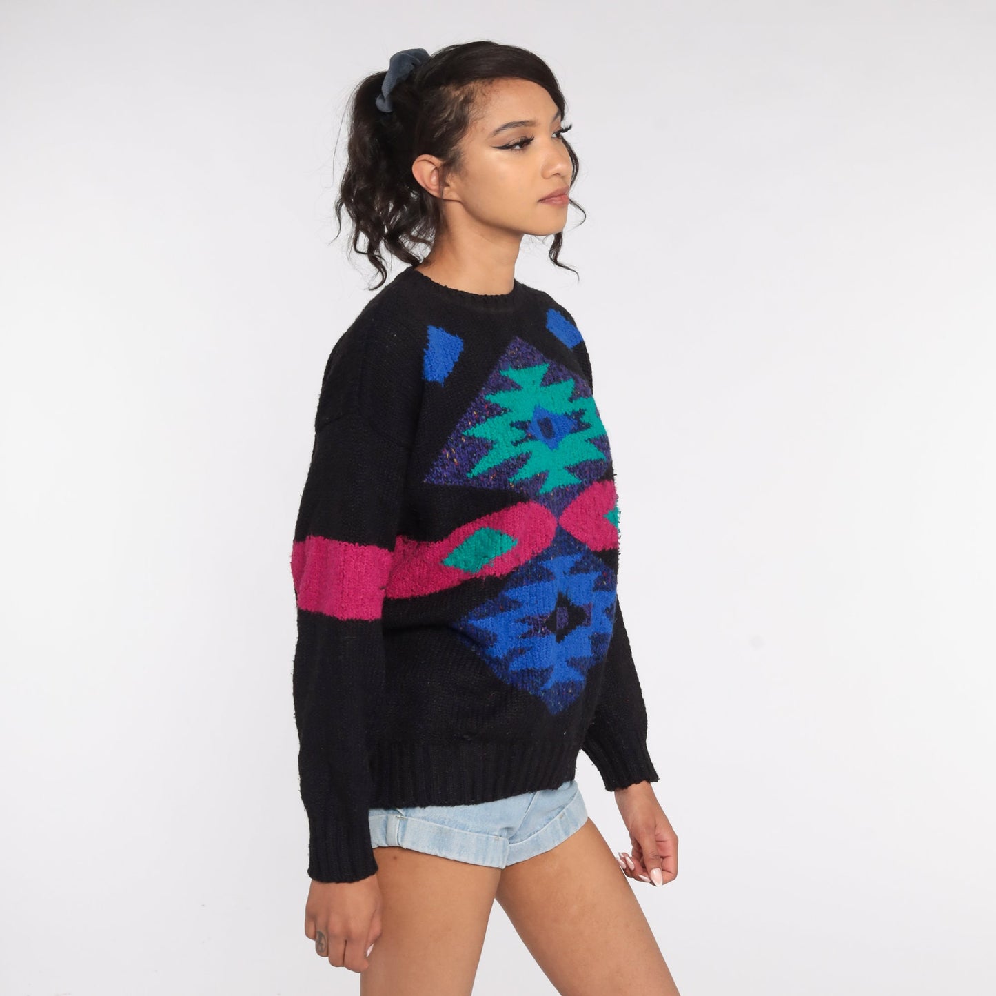 80s Southwestern Tribal Sweater Black Wool Blend Aztec Pullover Large