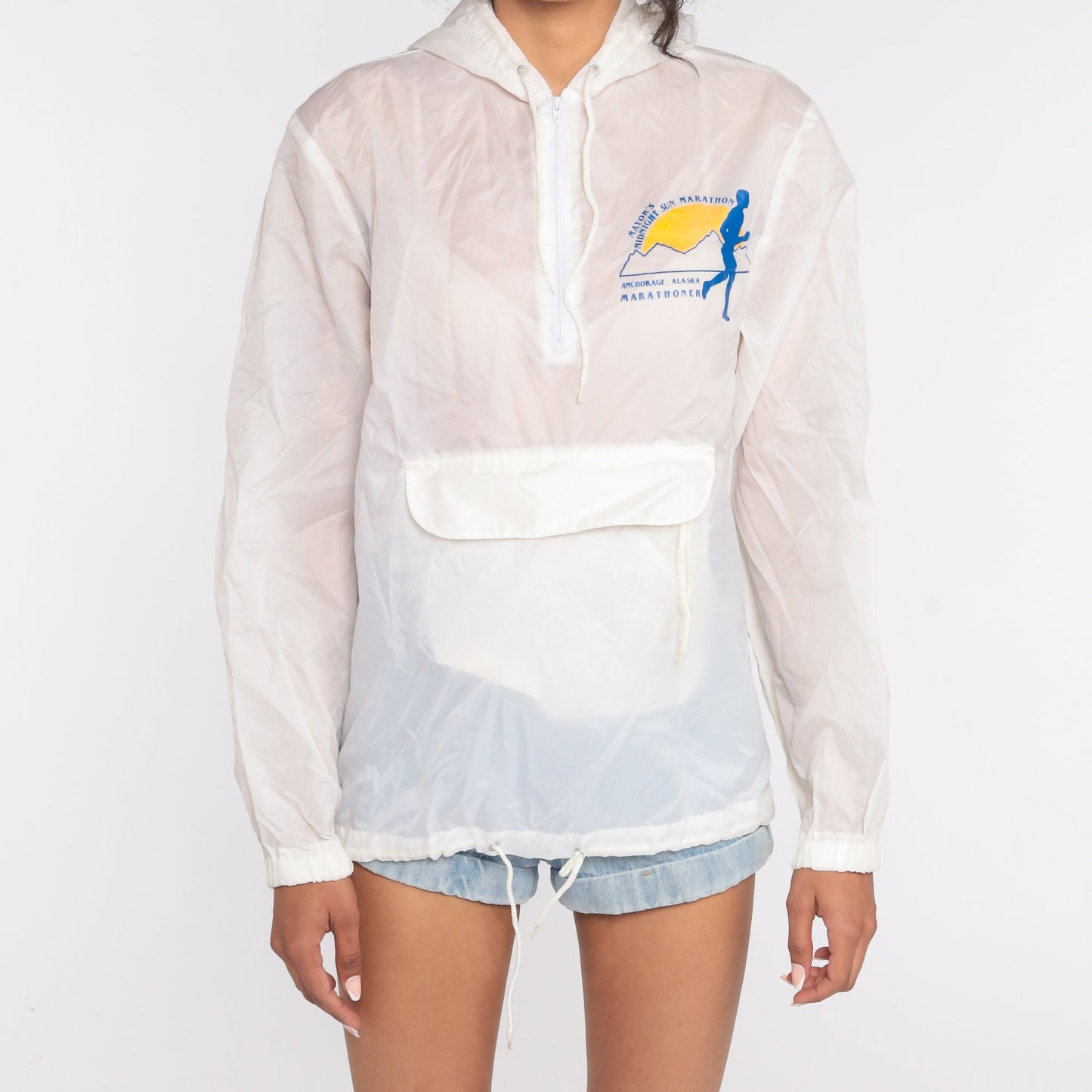 80s Anchorage Alaska Marathon Hooded Half-Zip Windbreaker White Small