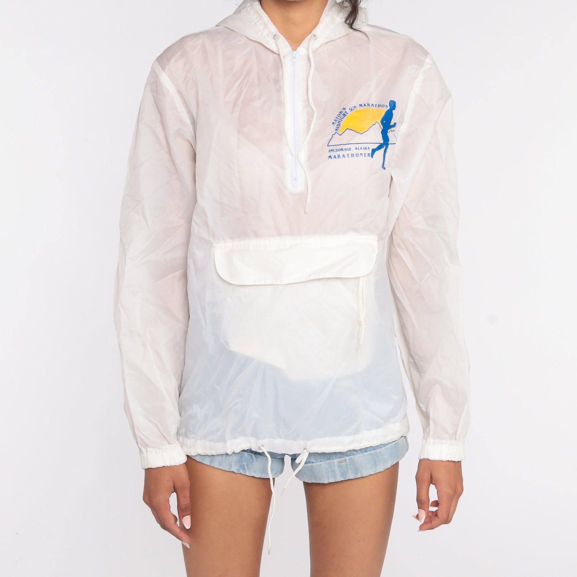 80s Anchorage Alaska Marathon Hooded Half-Zip Windbreaker White Small
