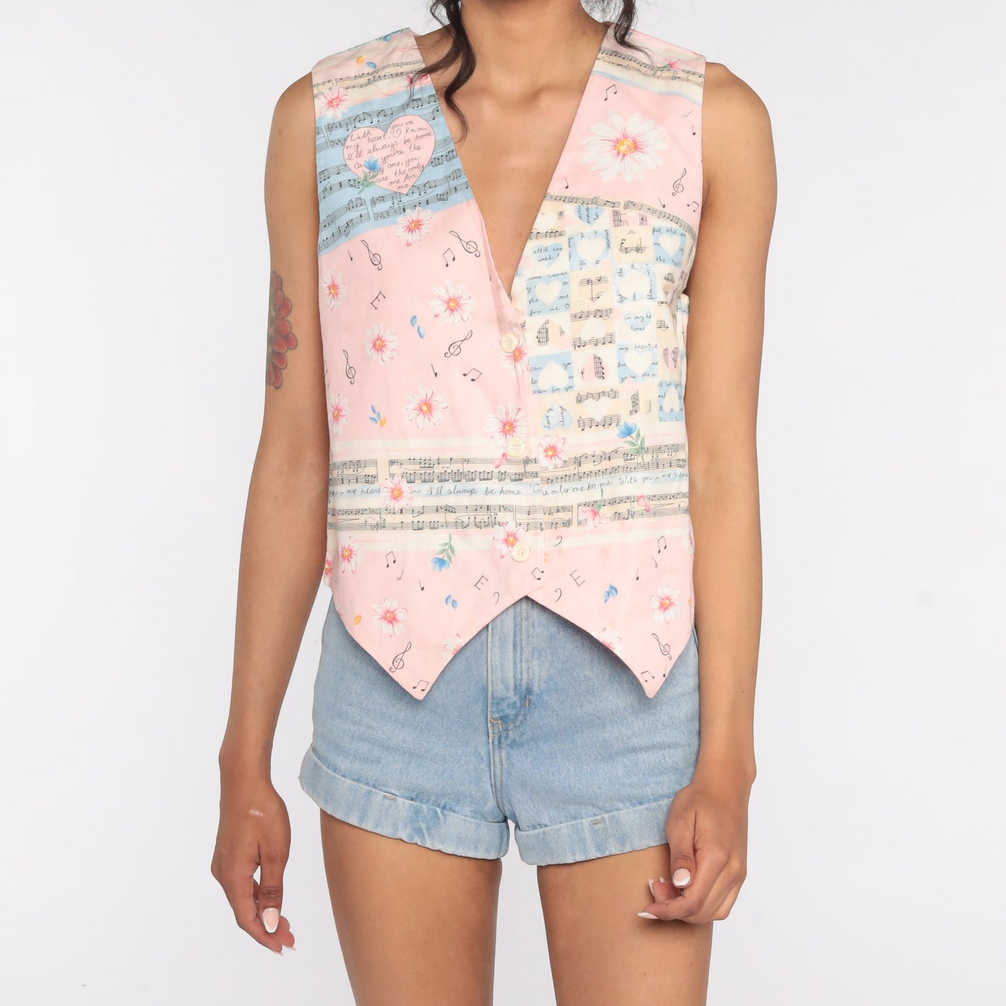 90s Floral Music Note Tank Top Pink Heart Button Up Medium