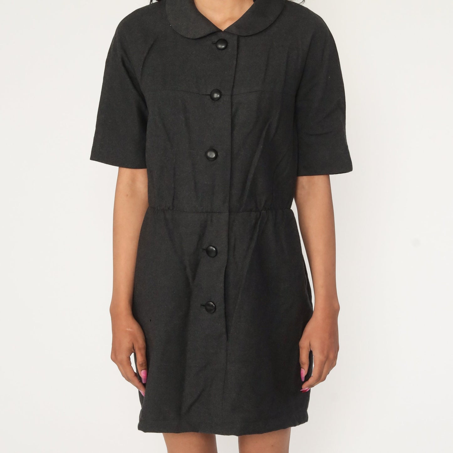 60s Mod Wool Shift Dress Peter Pan Collar Charcoal Mini Medium