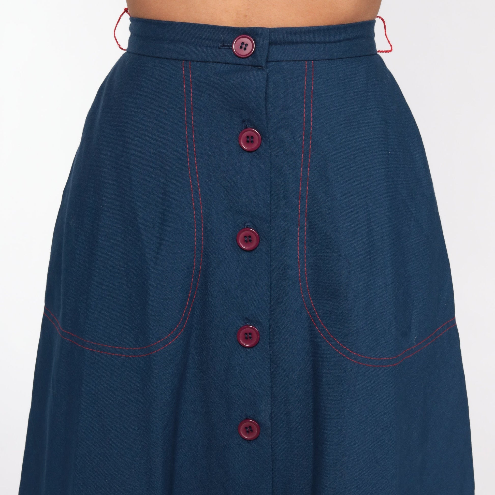 70s Dark Blue Midi Skirt High Waist Pockets XXS