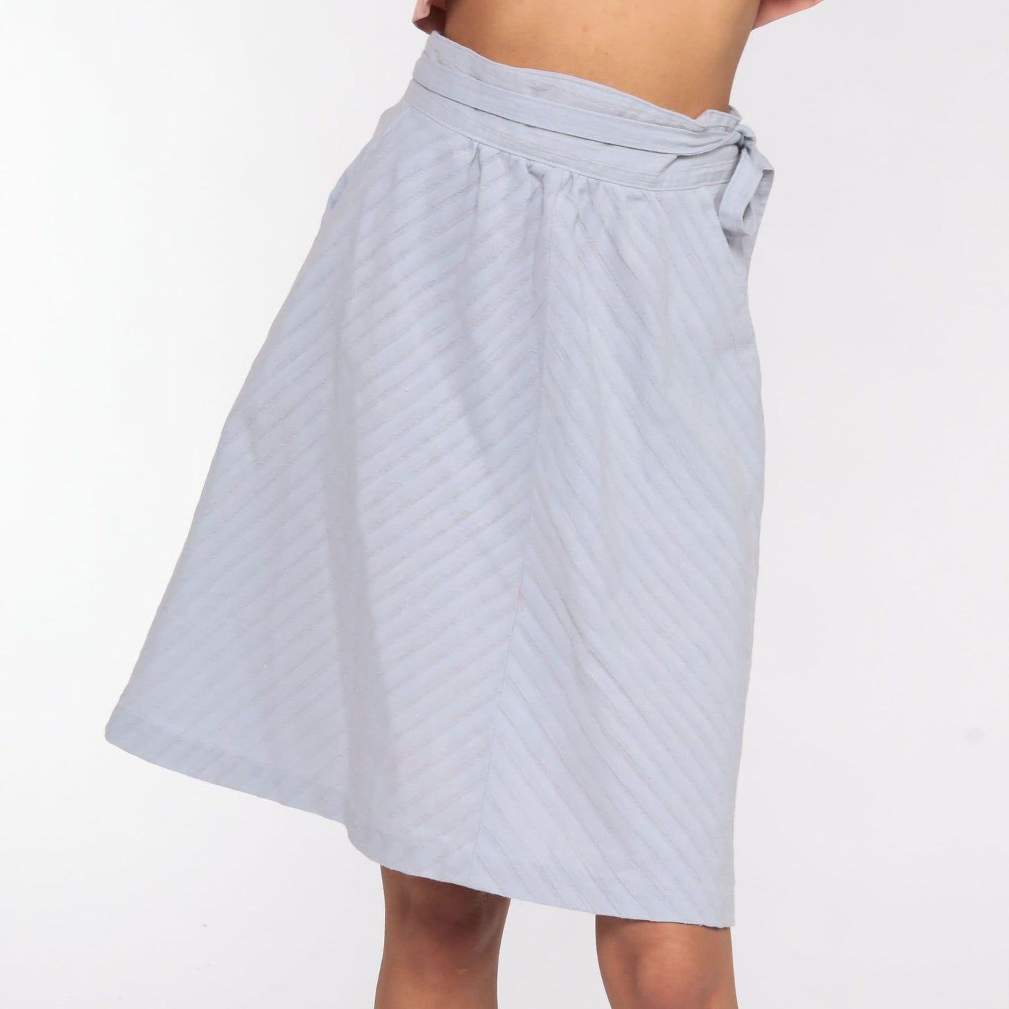 70s Light Blue Chevron Midi Skirt High Waist Cotton Pockets Small