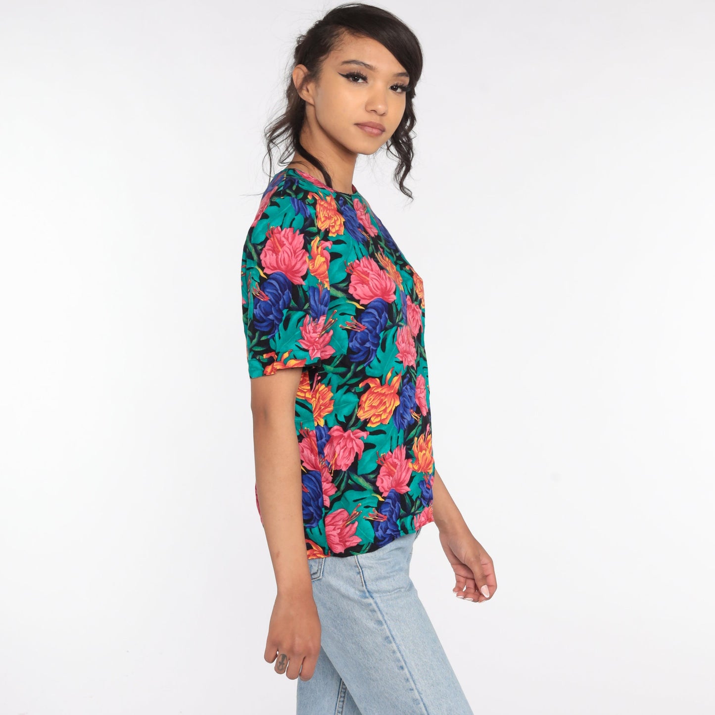 90s Floral Print T-Shirt Vintage Grunge Tee Small Medium