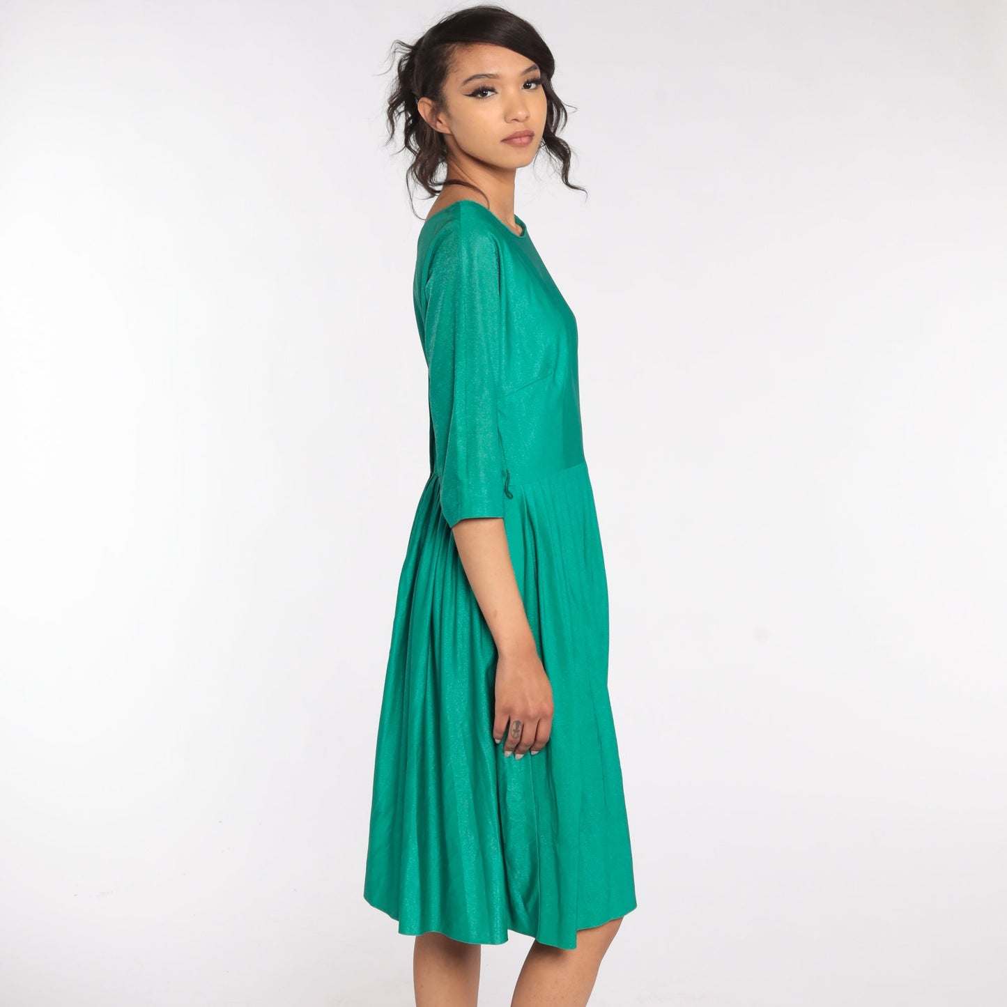 1960s Green Pleated High-Waist Dress 3/4 Sleeve Fit and Flare Small S