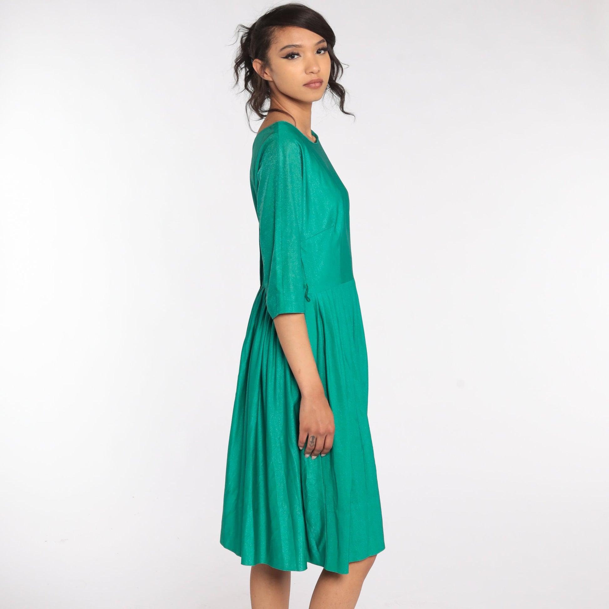 1960s Green Pleated High-Waist Dress 3/4 Sleeve Fit and Flare Small S