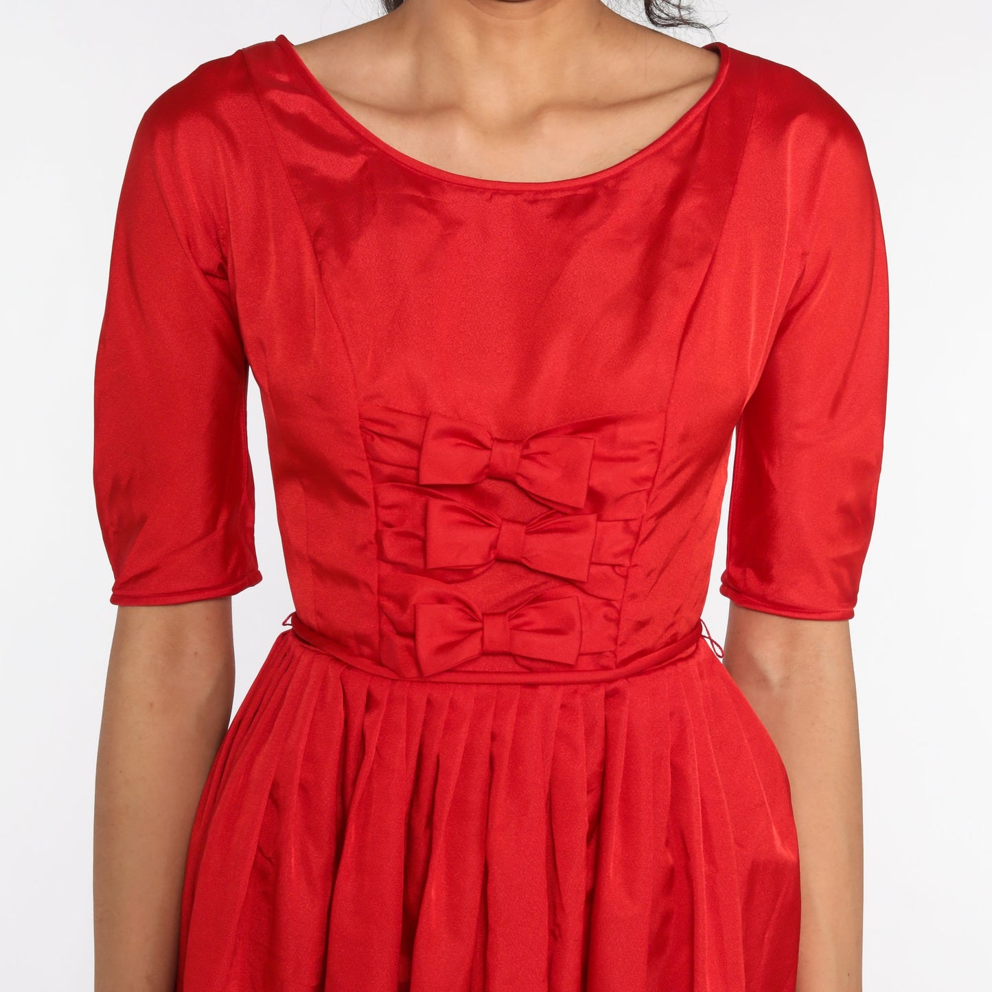 60s Teena Paige Red Bow Party Dress Tea Length Extra Small