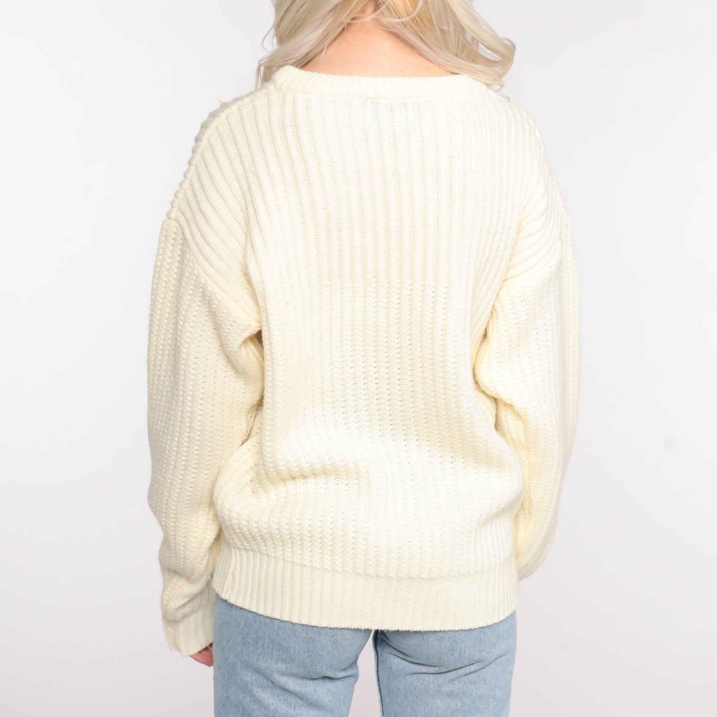 80s High Sierra Ribbed Cream Knit Pullover Sweater Large