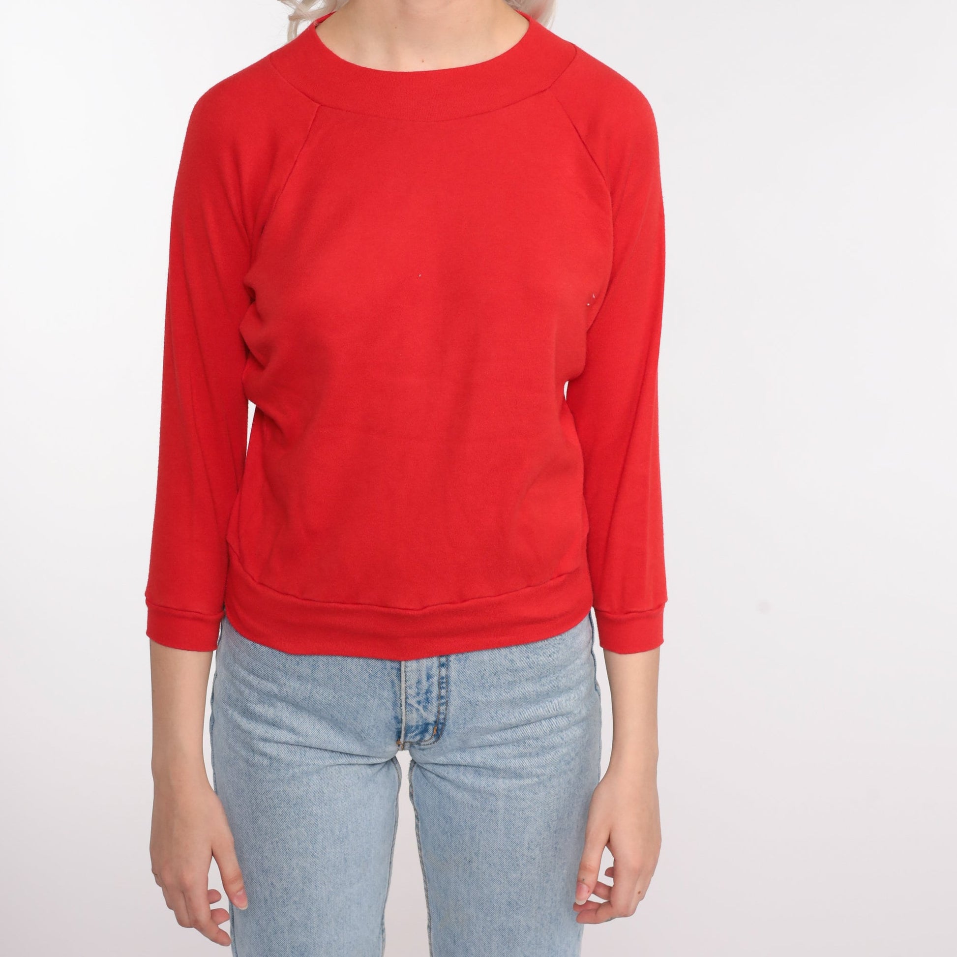 80s Red Cropped Raglan Sweatshirt Crewneck Pullover Extra Small XS