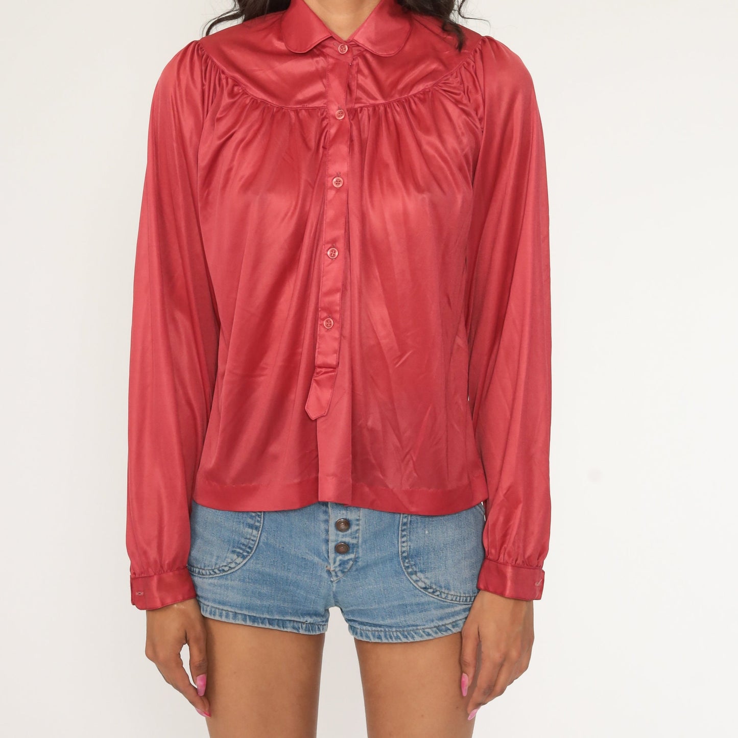70s Dark Pink Button-Up Blouse Long Sleeve Tunic Loose Fit Medium