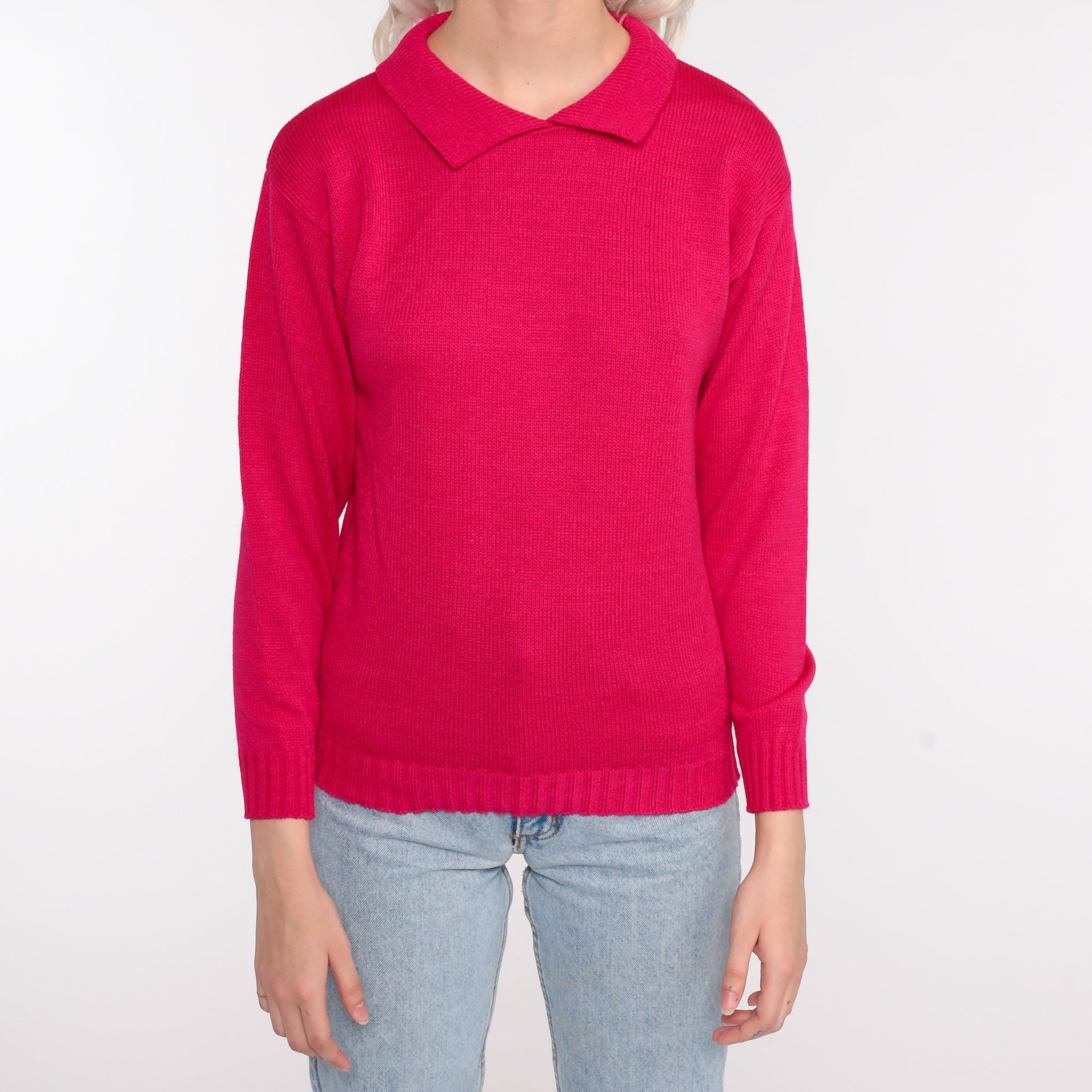 80s Deep Pink Collared Knit Sweater Pullover Extra Small XS