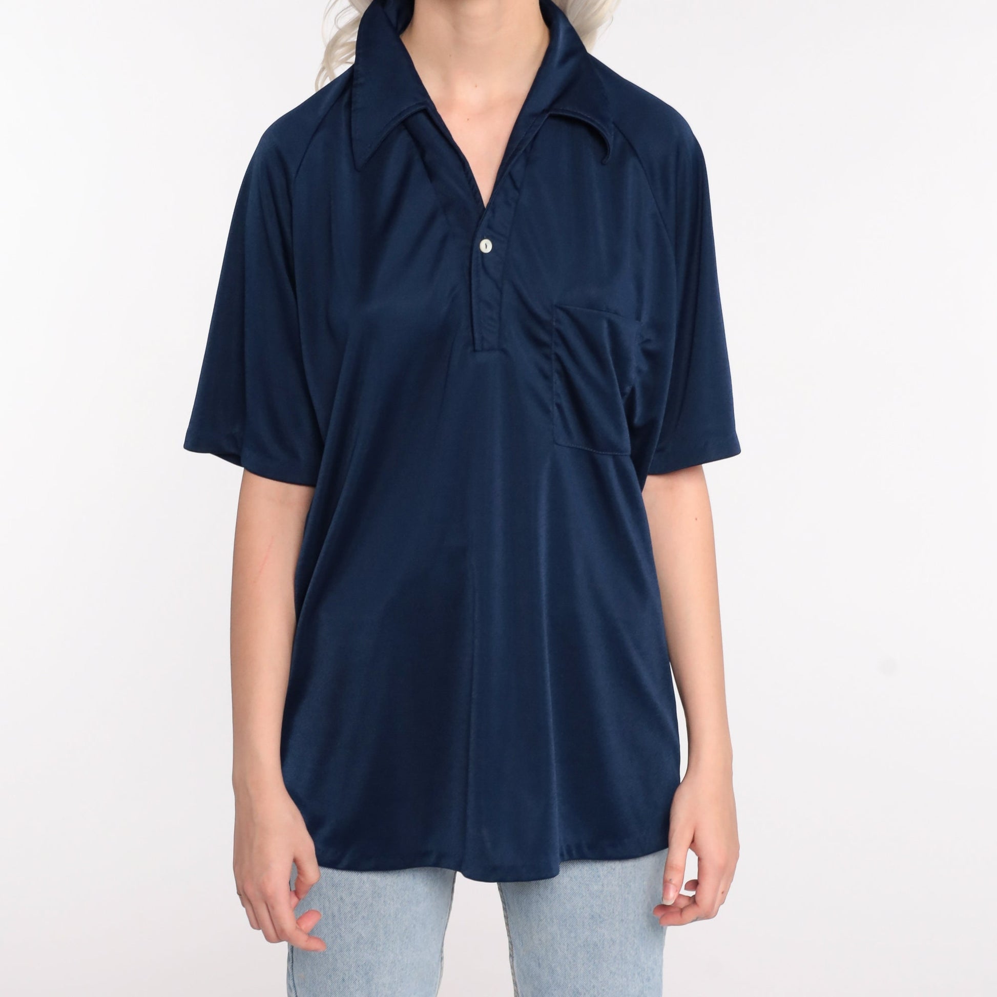 70s Dark Blue Polo Shirt Button-Up Collared Short Sleeve Large L