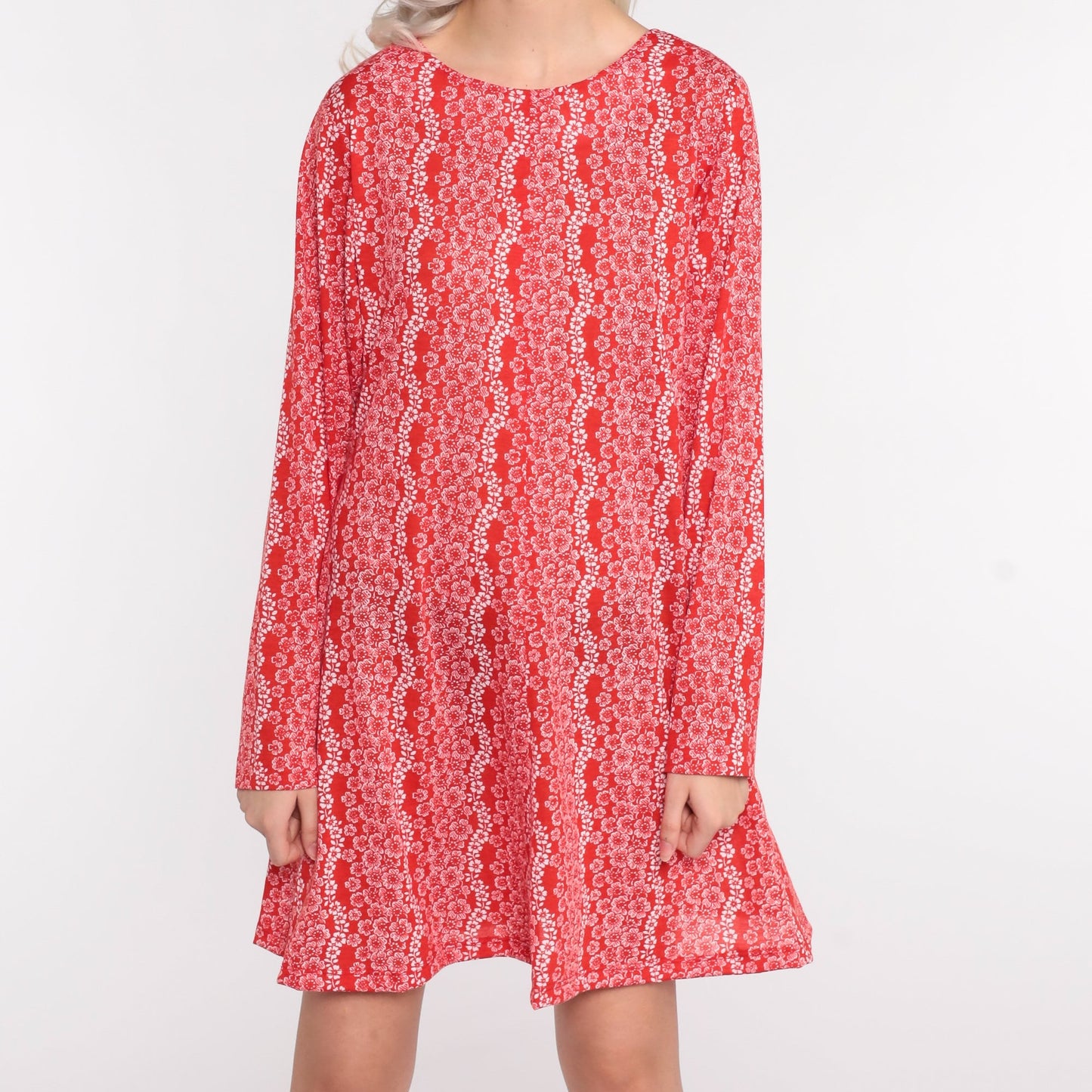 70s Floral Print Shift Dress Long Sleeve Mini Red Cotton Small Medium