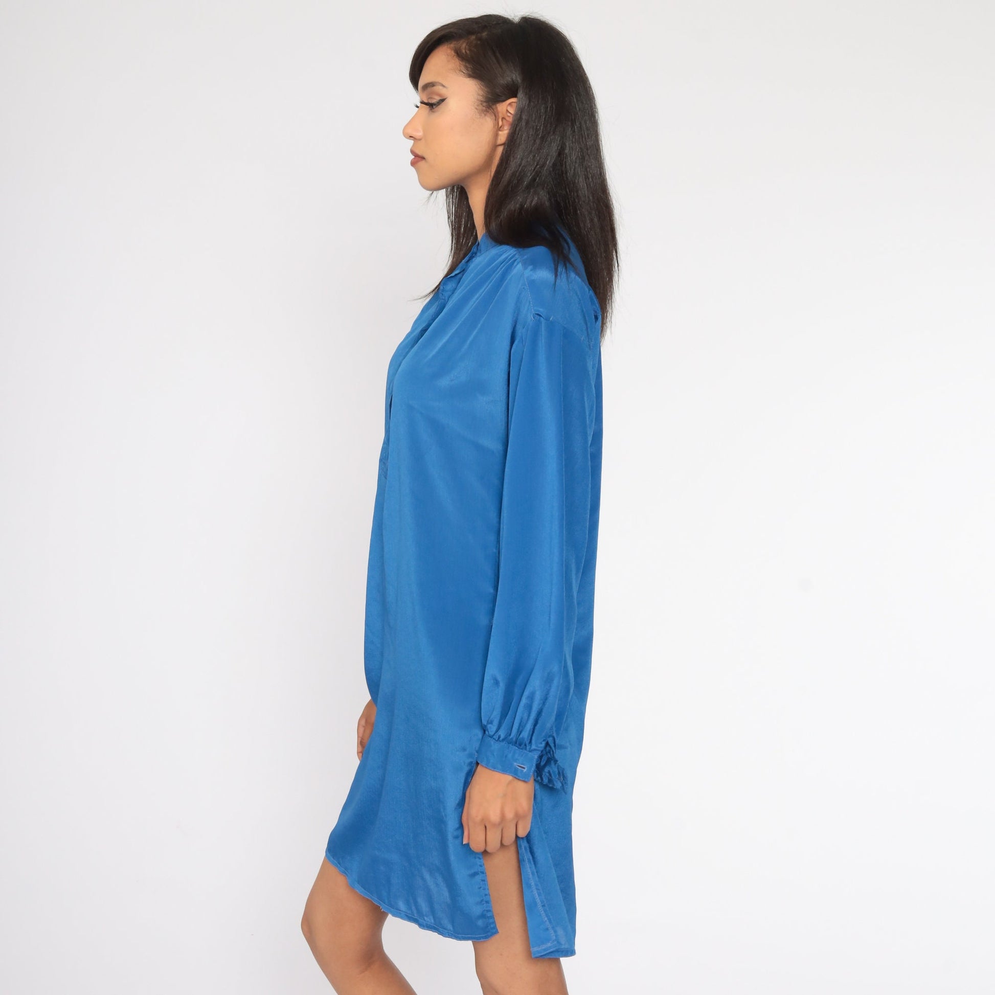 80s Blue Button-Up Shift Dress Long Sleeve Mini Shirtdress Medium Large