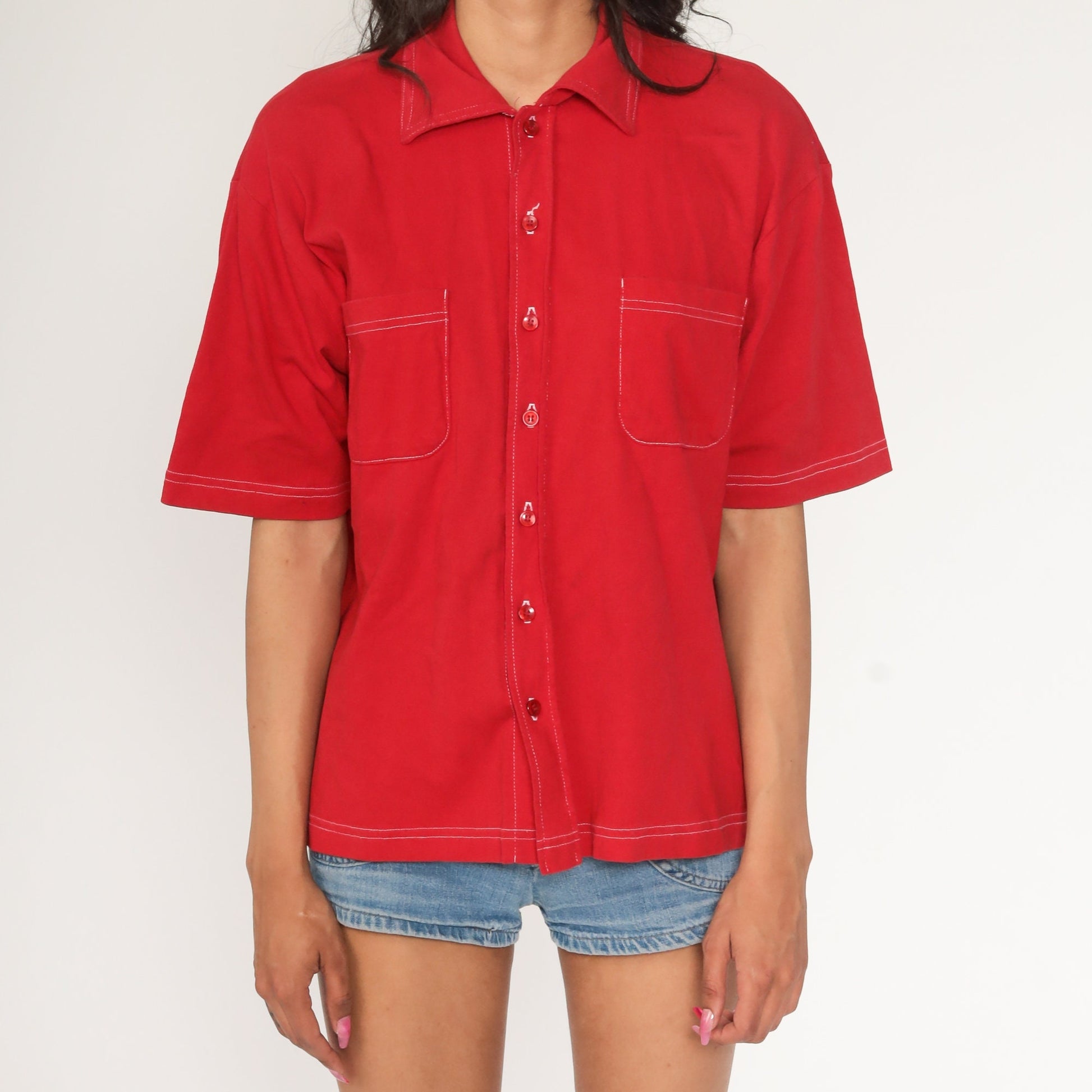 70s Red Cotton Button-Up Shirt Pointed Collar Short Sleeve Medium
