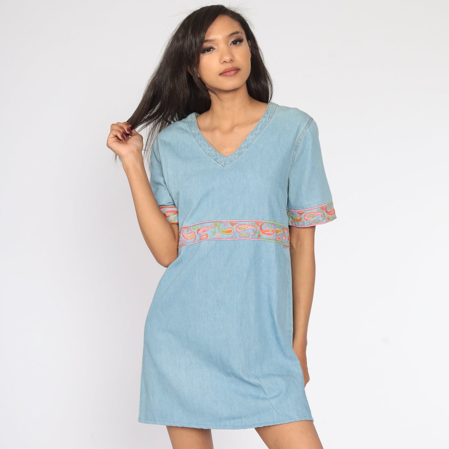 90s Embroidered Paisley Denim Mini Dress Blue Cotton Shift Medium