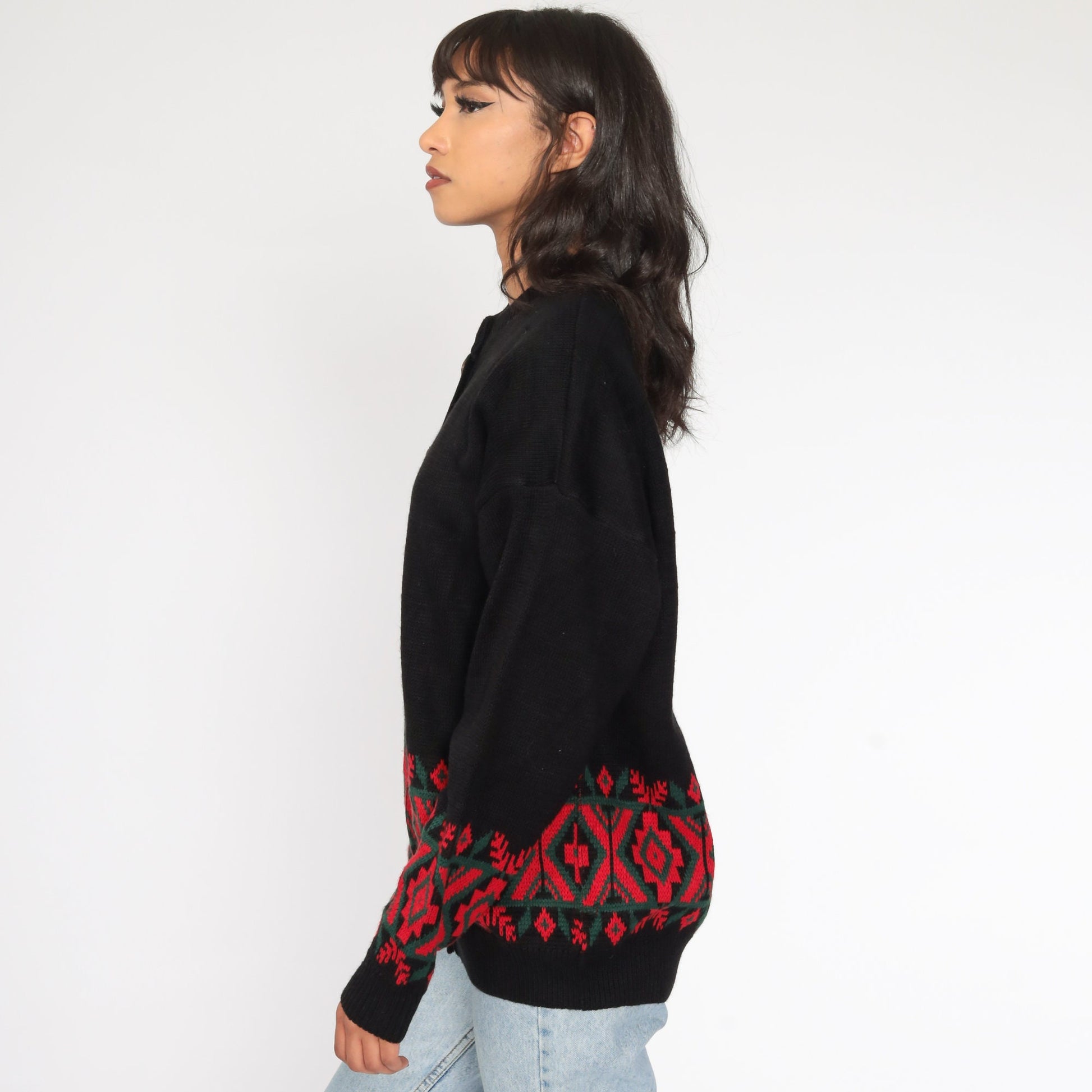 80s Southwestern Tribal Cardigan Black Red Knit Sweater Large