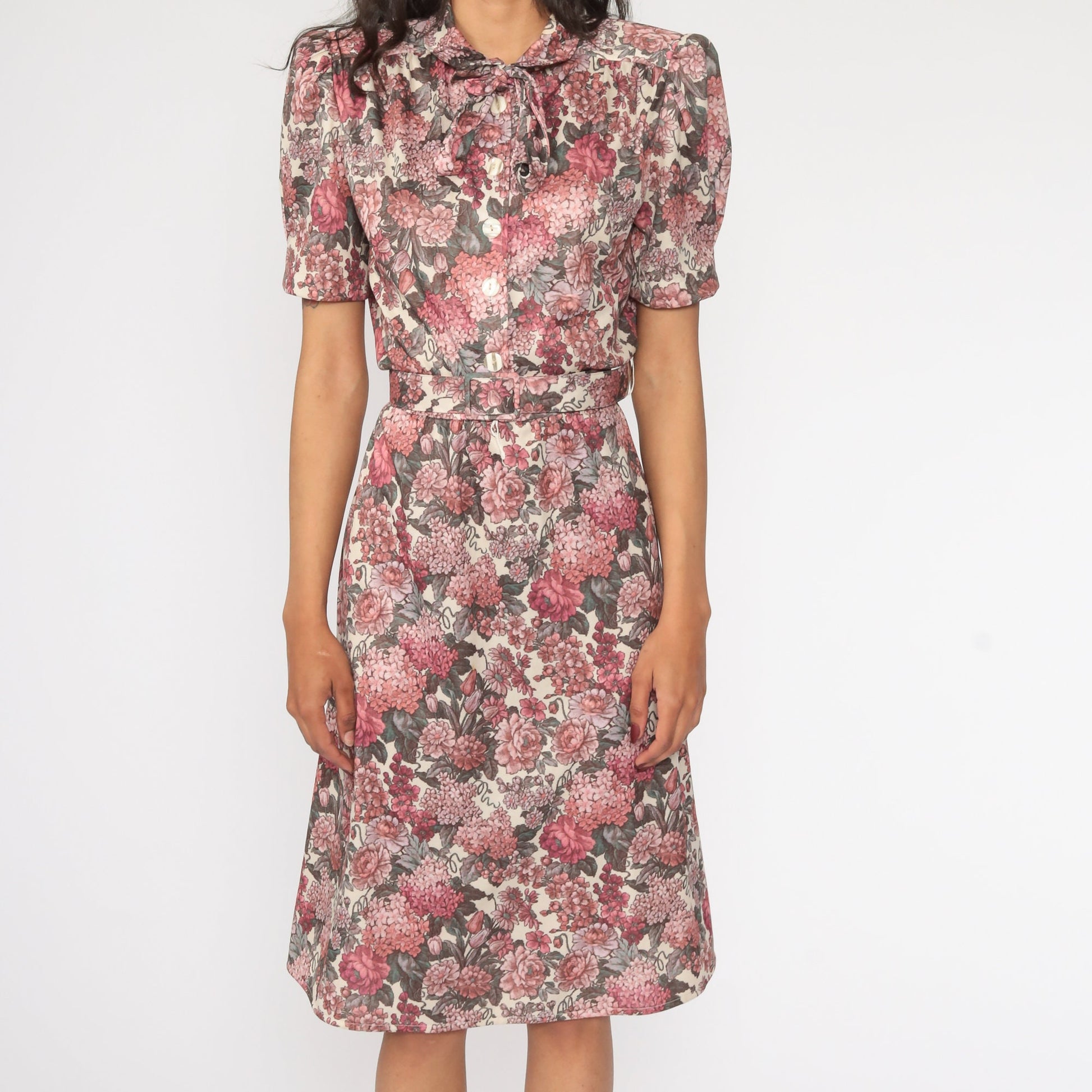70s Floral Midi Dress High Waist Puff Sleeve Button Up Medium