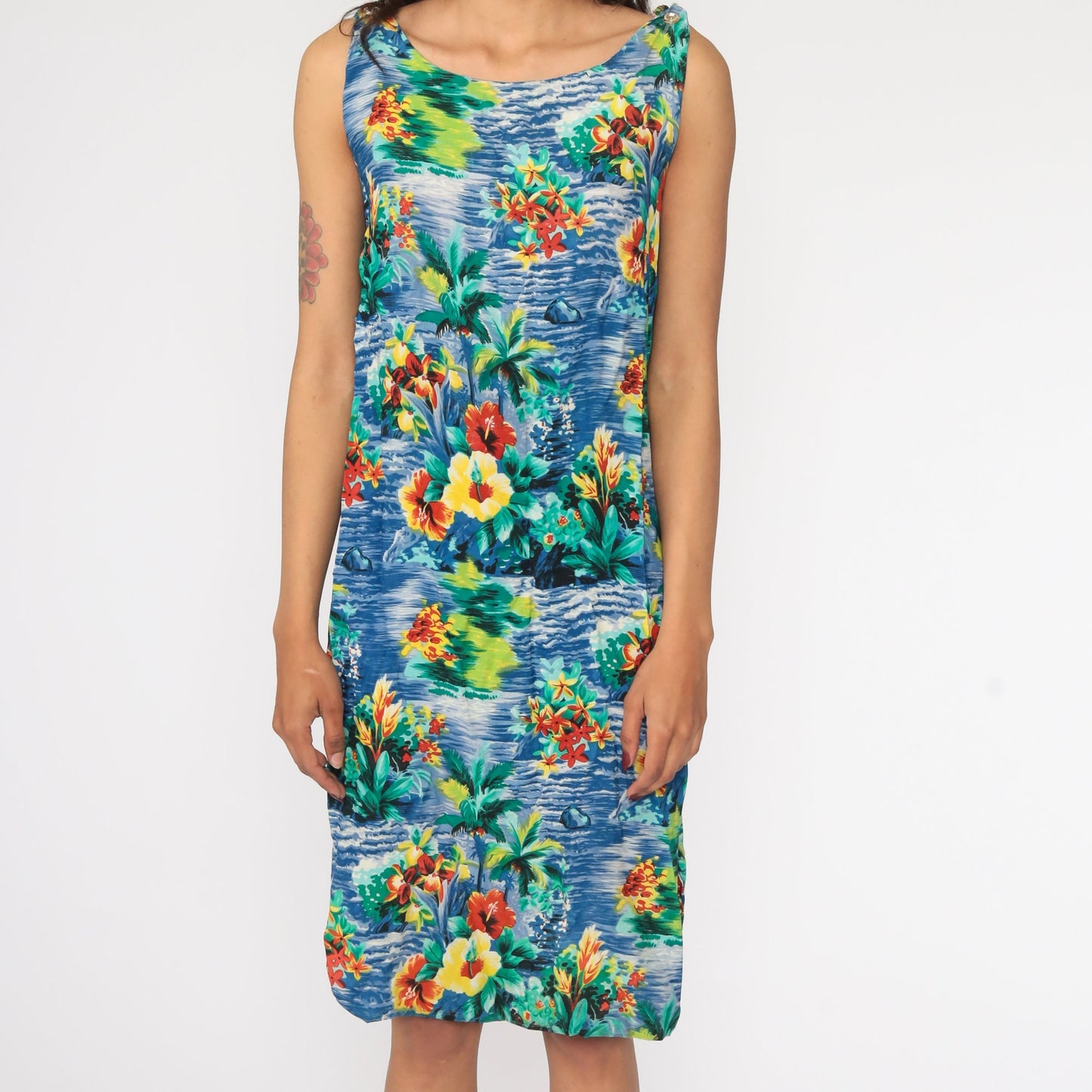 90s Blue Hawaiian Floral Mini Dress Sleeveless Shift Tank Small